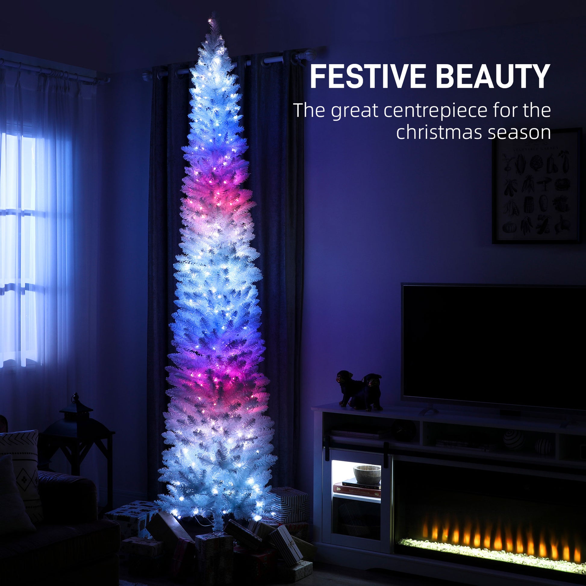 9ft White Pencil Christmas Tree with Synchronized LEDs-Home Furnishings > Holiday & Seasonal > Christmas Trees > Pencil Christmas Trees-DECOROLALA