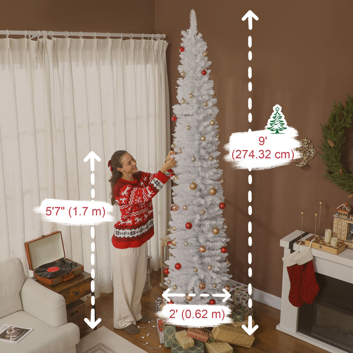 9ft White Pencil Christmas Tree with Synchronized LEDs-Home Furnishings > Holiday & Seasonal > Christmas Trees > Pencil Christmas Trees-DECOROLALA