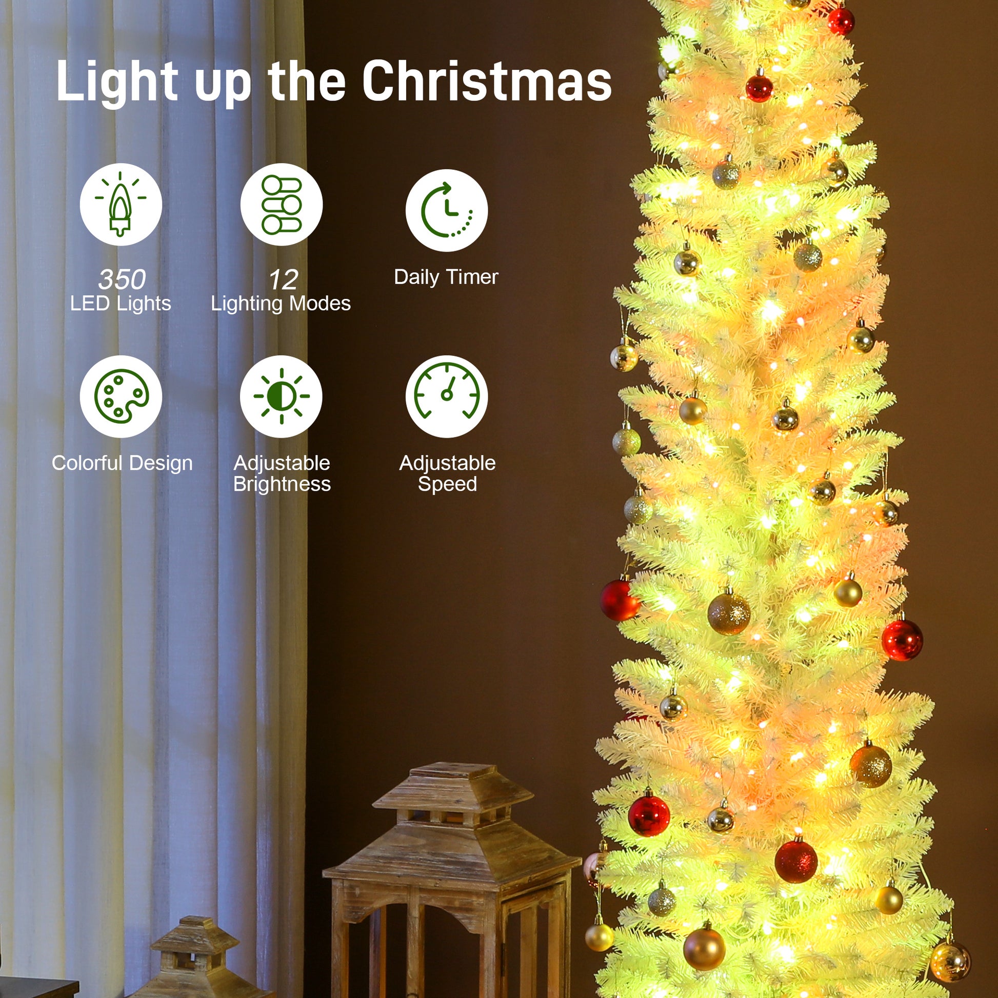 9ft White Pencil Christmas Tree with Synchronized LEDs-Home Furnishings > Holiday & Seasonal > Christmas Trees > Pencil Christmas Trees-DECOROLALA