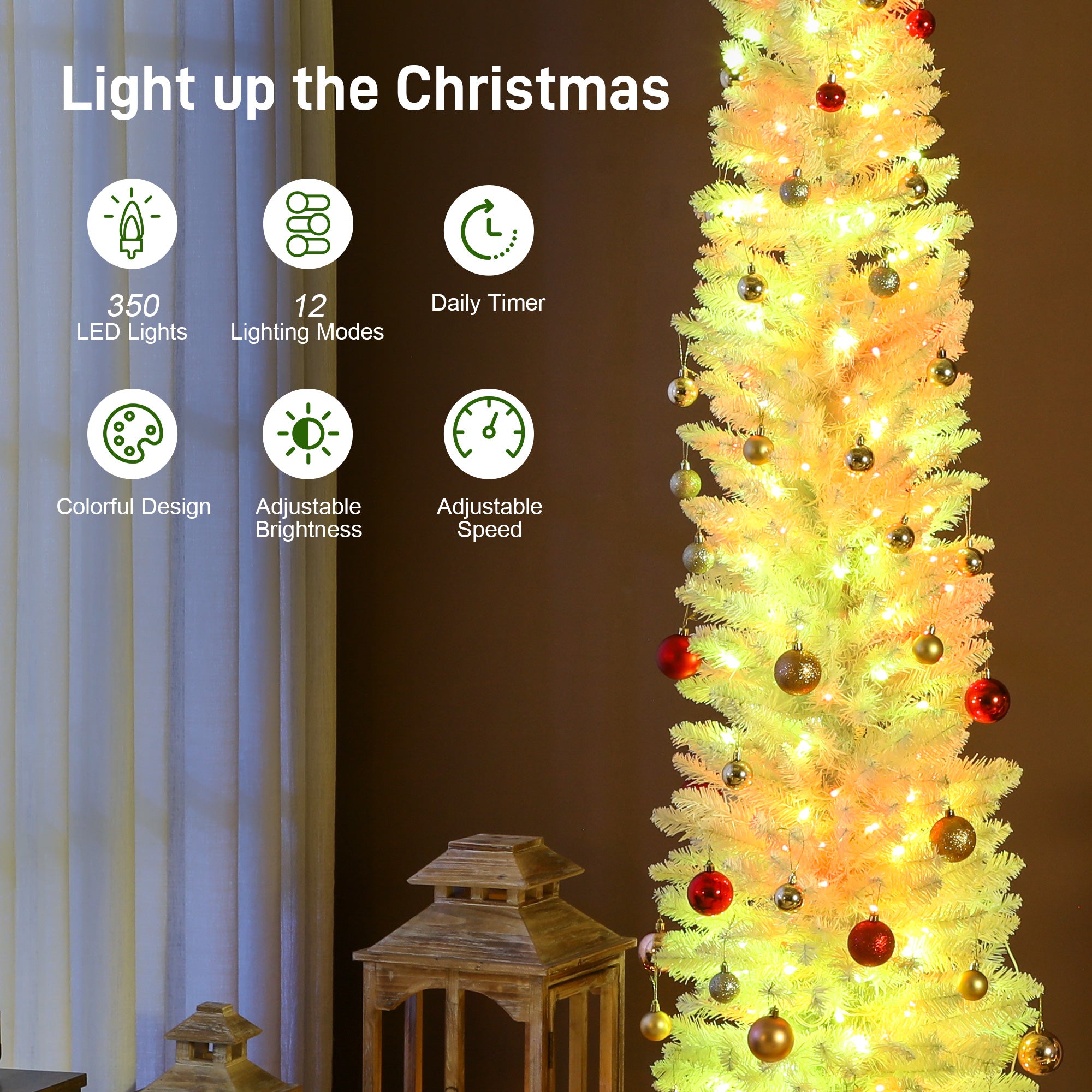 9ft White Pencil Christmas Tree with Synchronized LEDs-Home Furnishings > Holiday & Seasonal > Christmas Trees > Pencil Christmas Trees-DECOROLALA