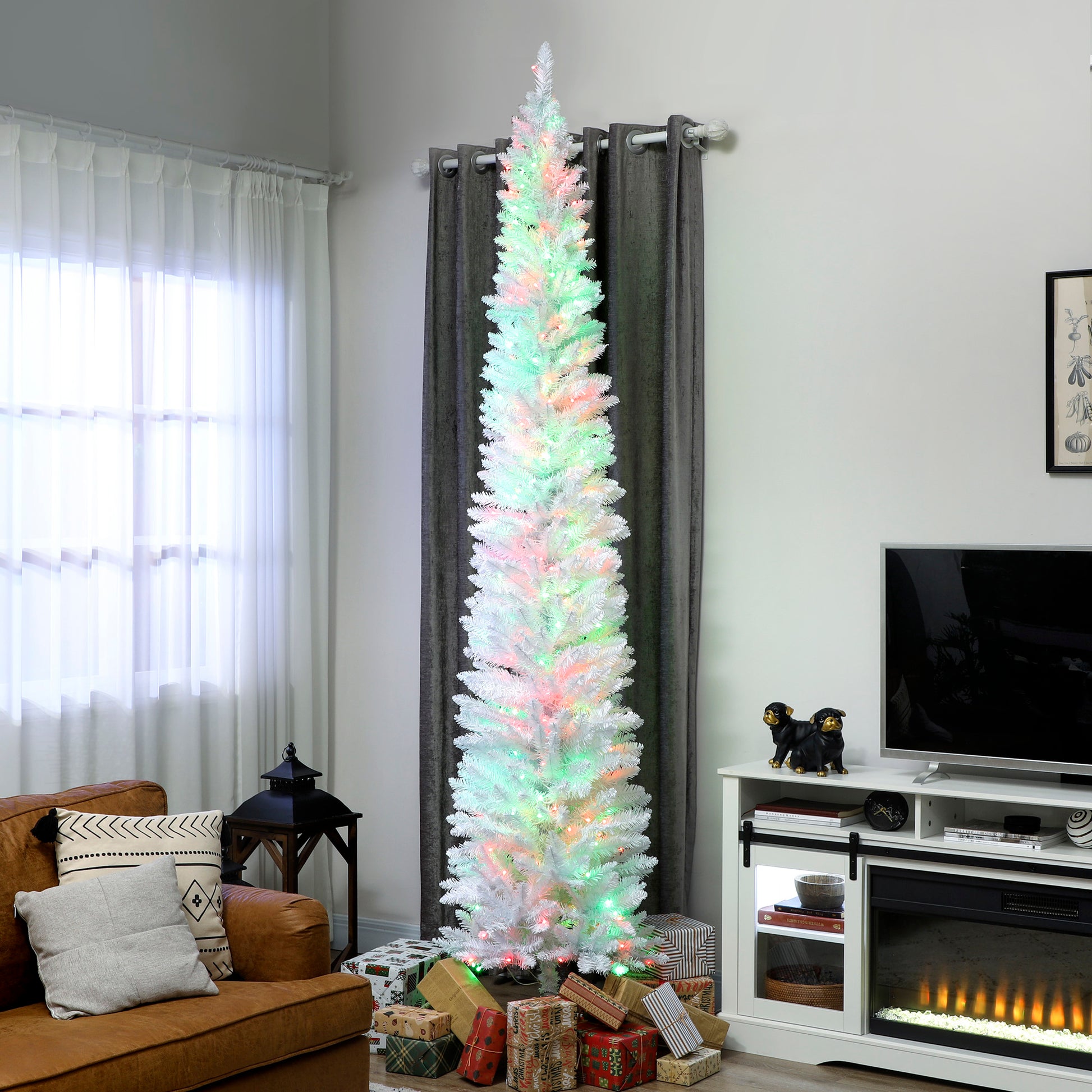 9ft White Pencil Christmas Tree with Synchronized LEDs-Home Furnishings > Holiday & Seasonal > Christmas Trees > Pencil Christmas Trees-DECOROLALA