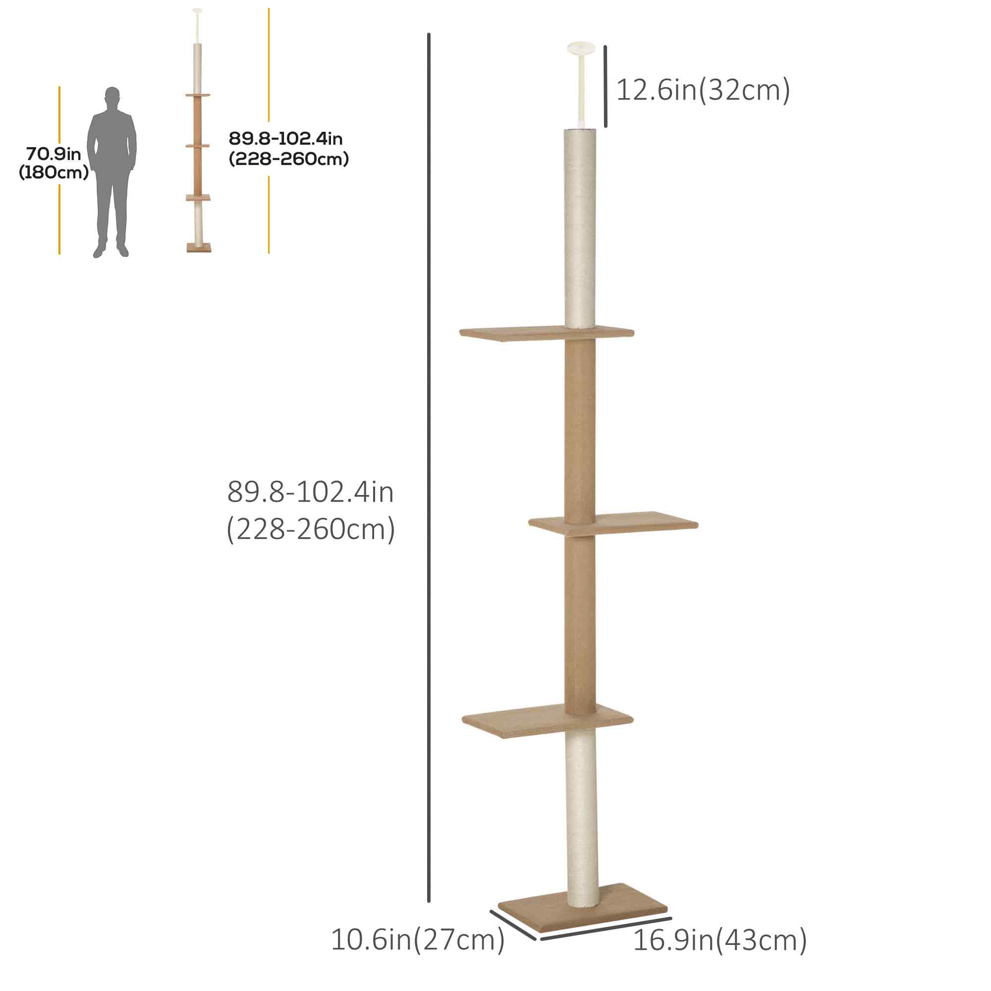 100" Floor To Ceiling Cat Tree w/ 3 Perches Activity Center for Kittens Cat Tower Furniture, Brown