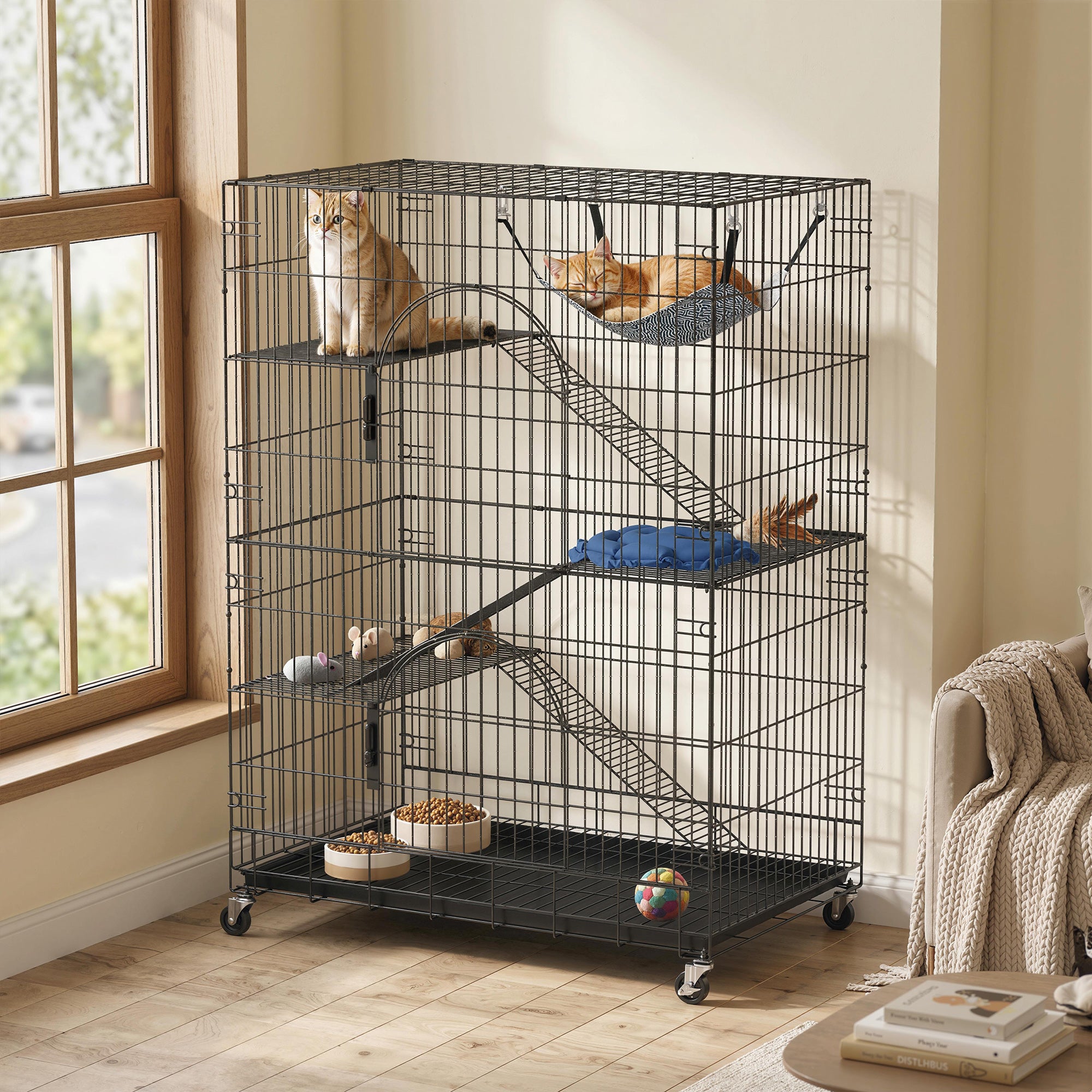4-Tier Cat Cage, Large Cat Enclosure with Lockable Wheels, Tray, Hammock, Bed, 3 Ramp, 3 Platforms for 3-5 Kittens