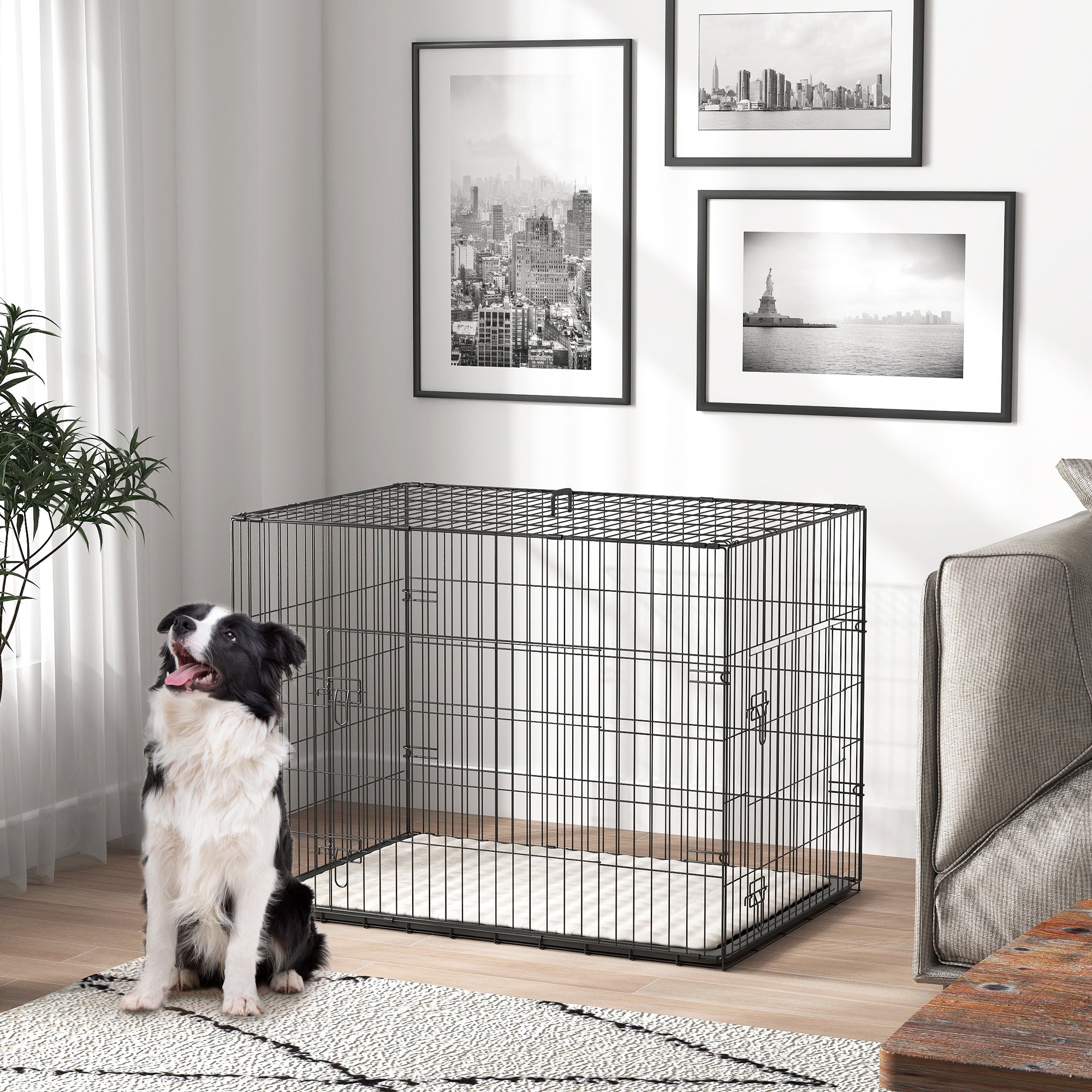 35" Dog Crate with 2 Doors, Folding Metal Dog Cage with Soft Cushion, Removable Tray, Handle, Black