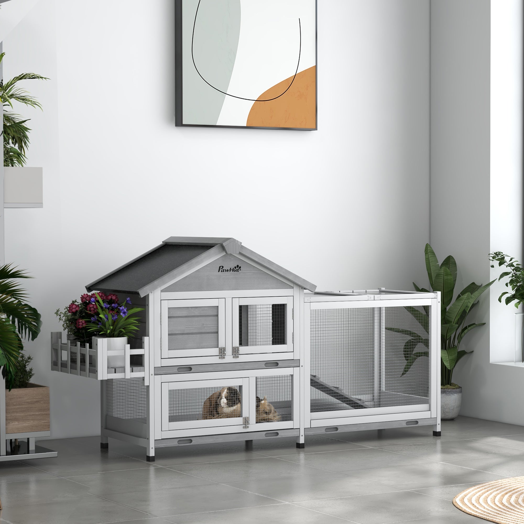 65" Wooden Rabbit Hutch, Pet Playpen with Openable Roof, Storage Box, for Rabbits and Small Animals, Grey