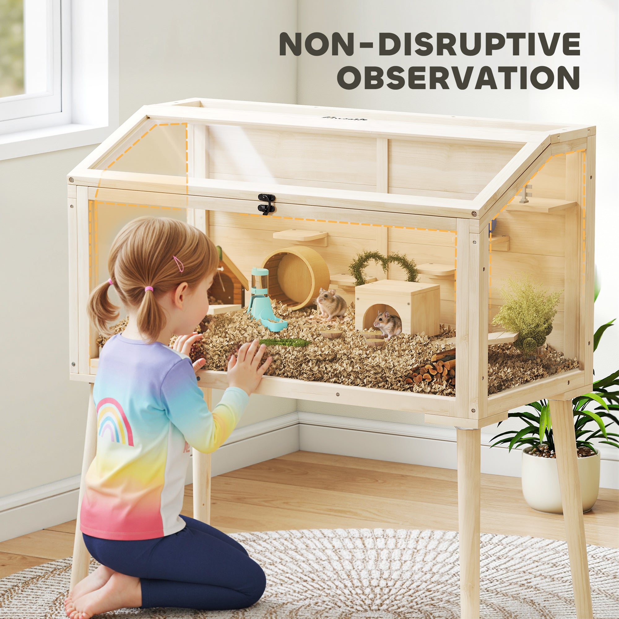 Wooden Hamster Cage, Hamster Habitat with Openable Top, Seesaws, Platforms, Water Bottle for Gerbils, 43.3"x20.5"x39.8"