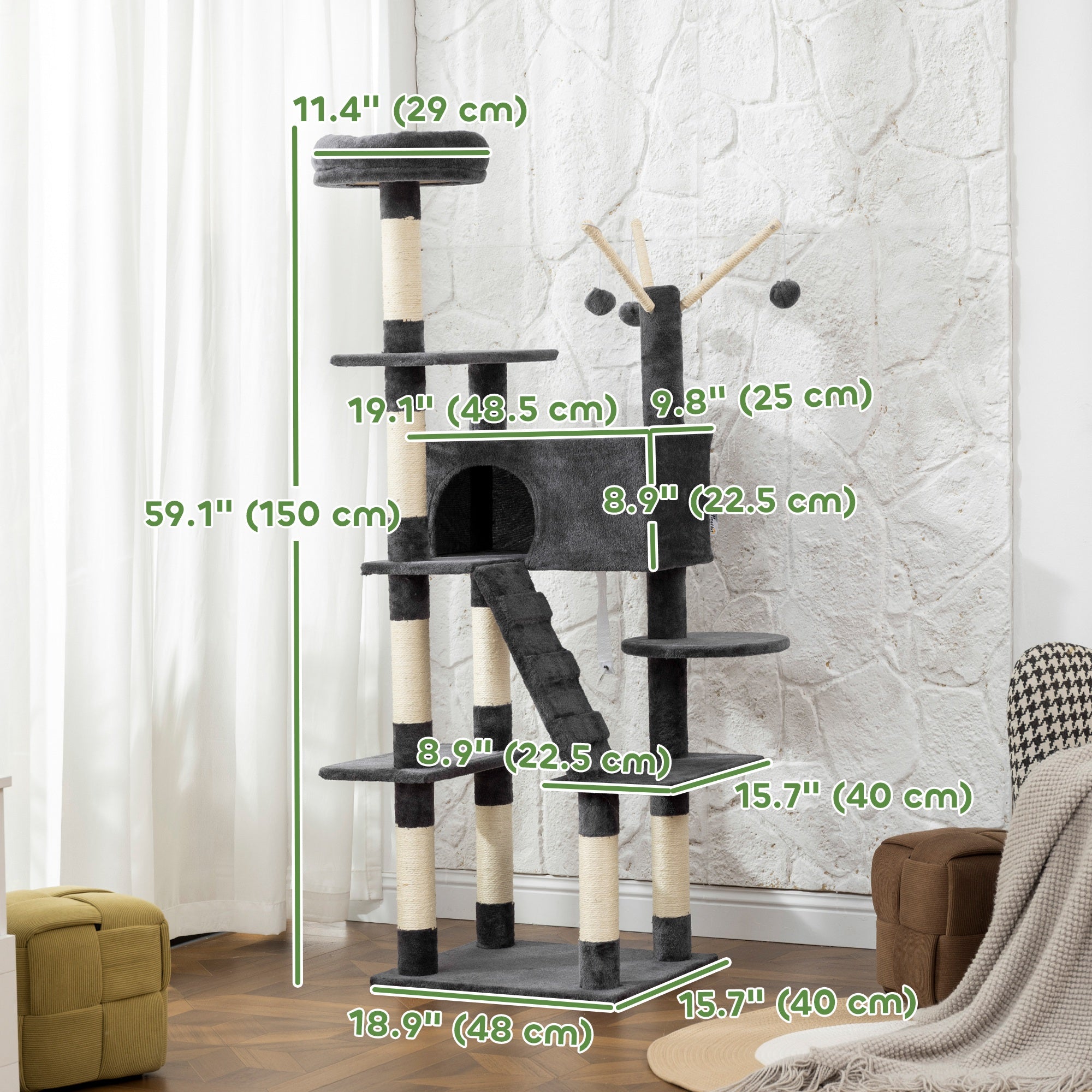 59 Inch Large Cat Tree with Sisal Scratching Posts, Cozy Condo, Top Perch, Ladder and Interactive Balls, Dark Grey