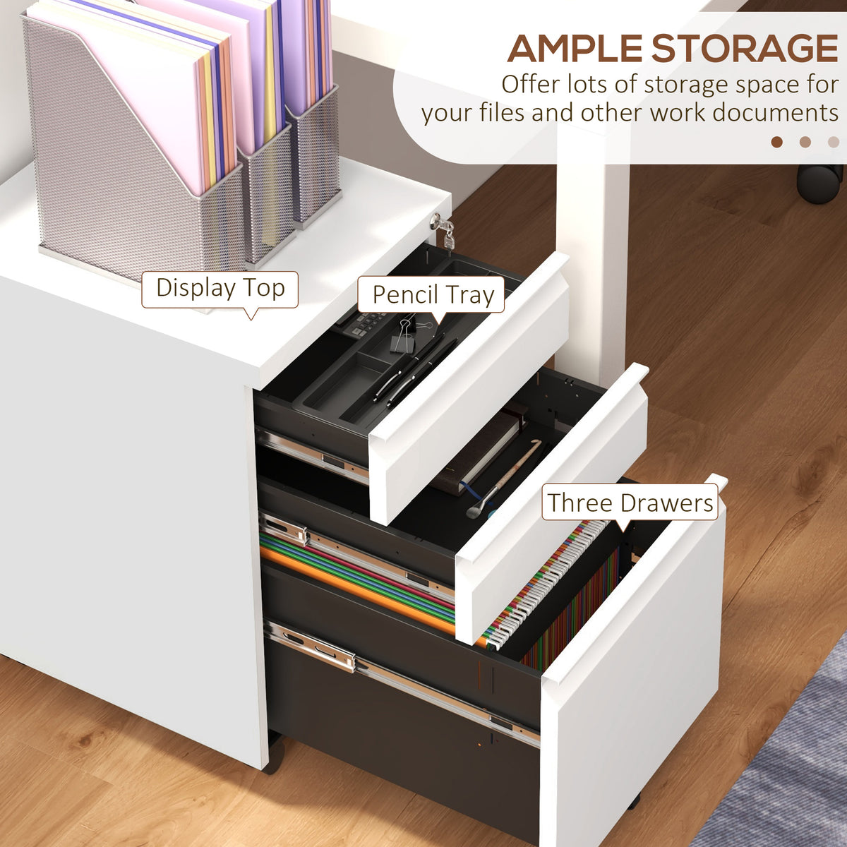 3-Drawer Steel File Cabinet with Lock - White 23.6"H