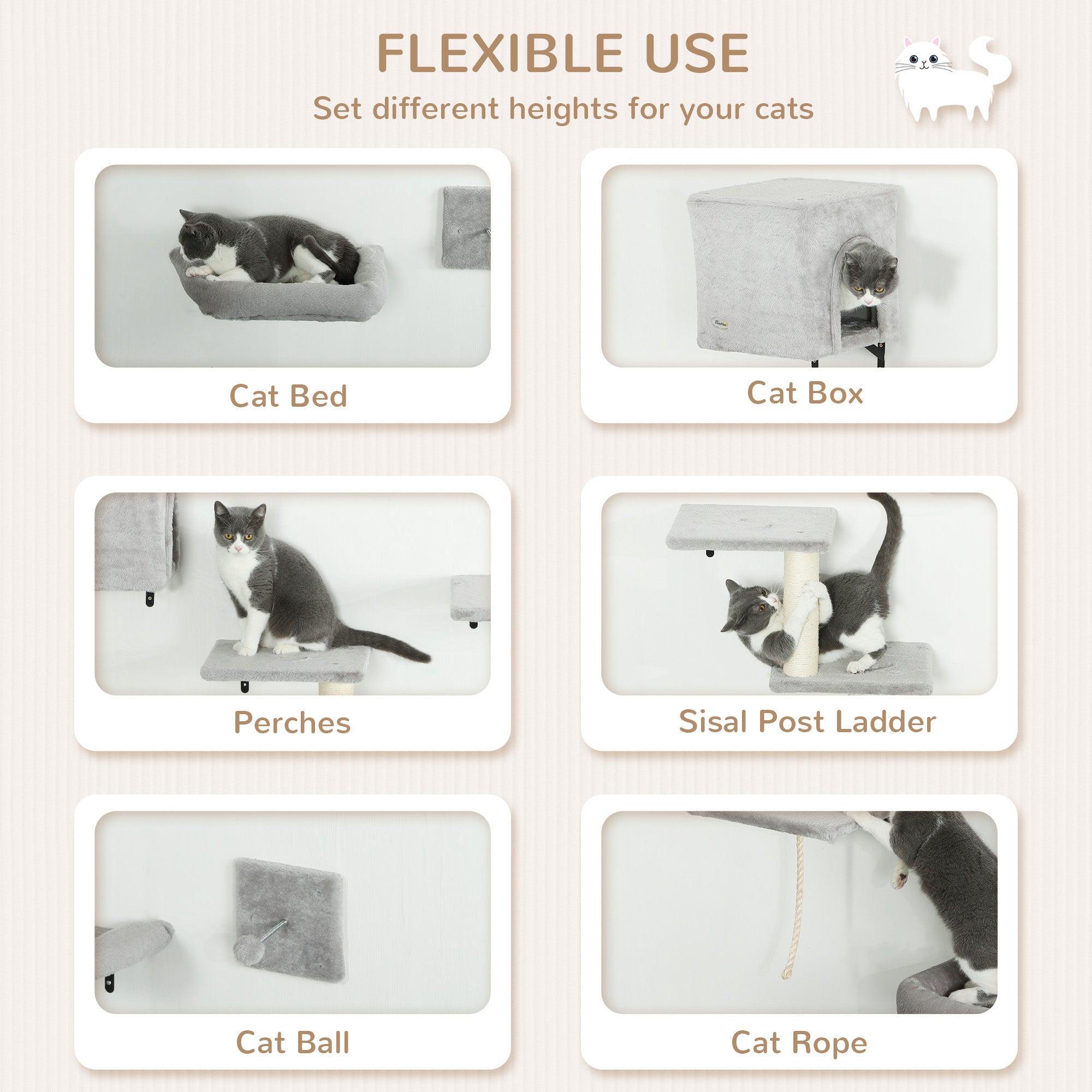 Cat Wall Shelves Set of 7, Shelves and Perches with House, Sisal Post Ladder, Bed & Ball, Grey