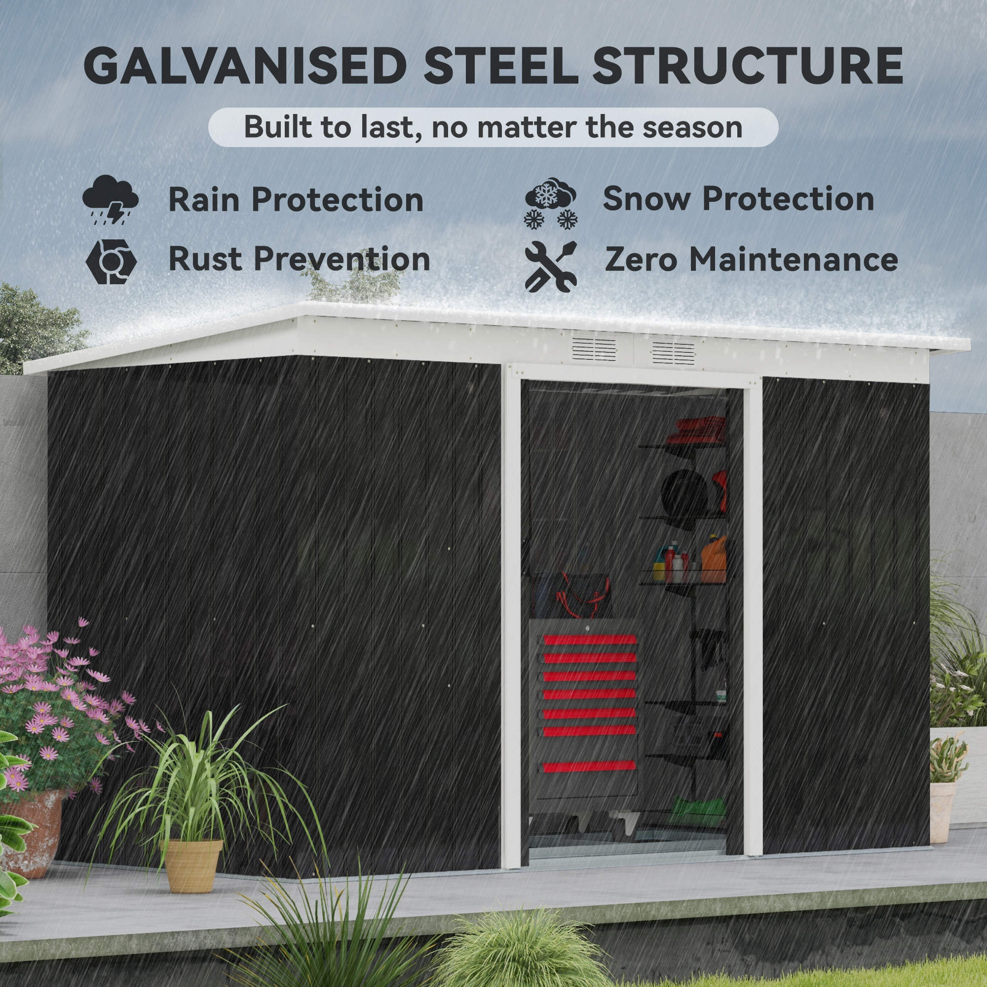 9x4 Outdoor Storage Shed - Galvanized Steel Dark Grey-Patio & Garden > Lawn & Garden > Sheds-DECOROLALA