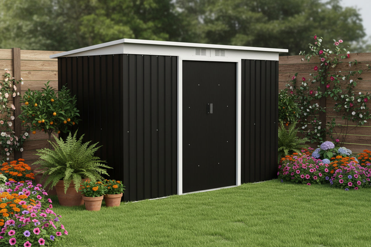 9x4 Outdoor Storage Shed - Galvanized Steel Dark Grey-Patio & Garden > Lawn & Garden > Sheds-DECOROLALA