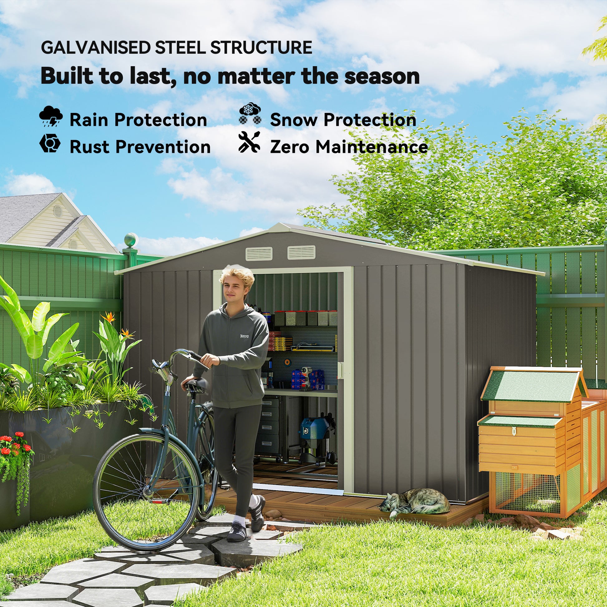 9'x6' Galvanized Steel Garden Storage Shed with Foundation - Grey-Patio & Garden > Lawn & Garden > Sheds-DECOROLALA
