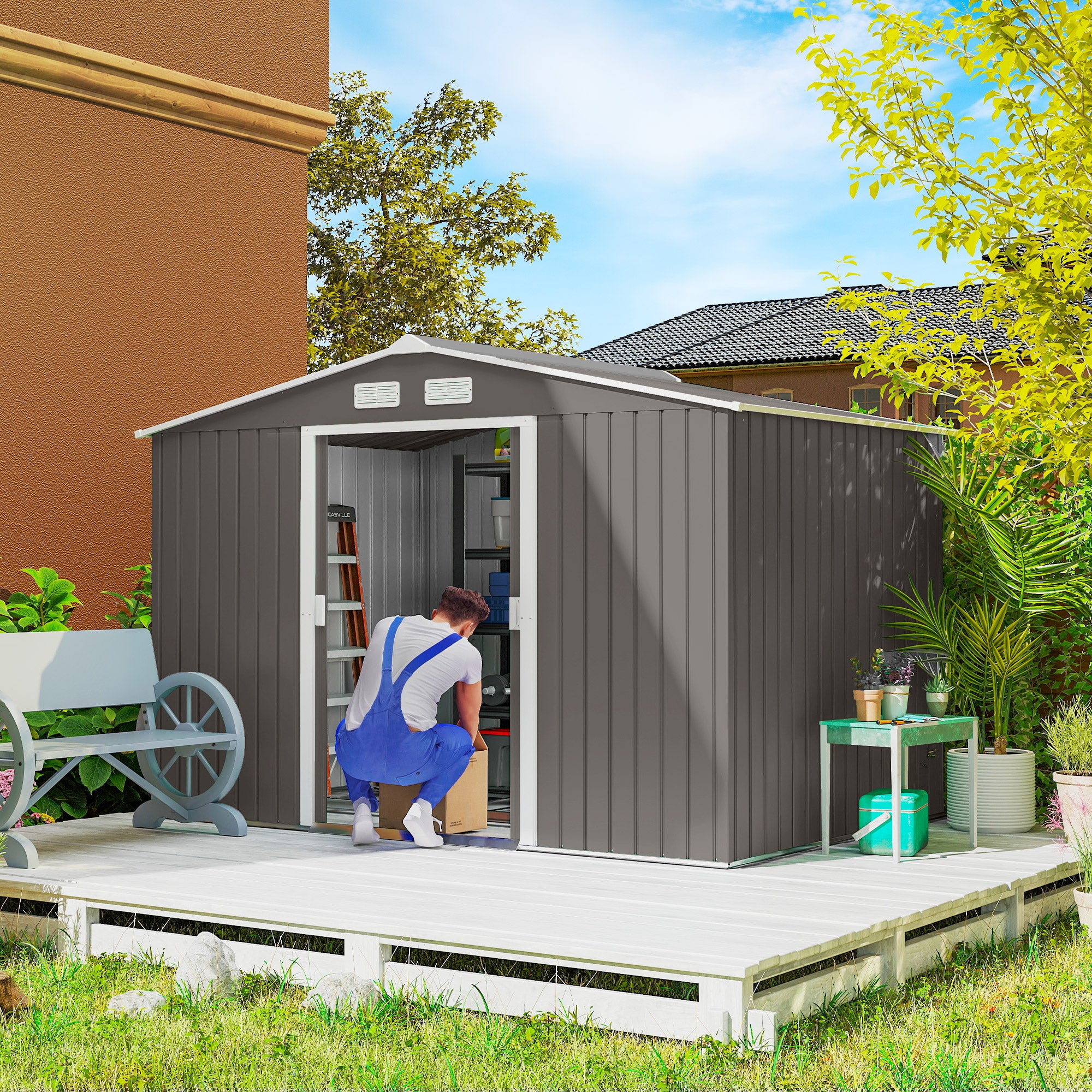9'x6' Galvanized Steel Garden Storage Shed with Foundation - Grey-Patio & Garden > Lawn & Garden > Sheds-DECOROLALA