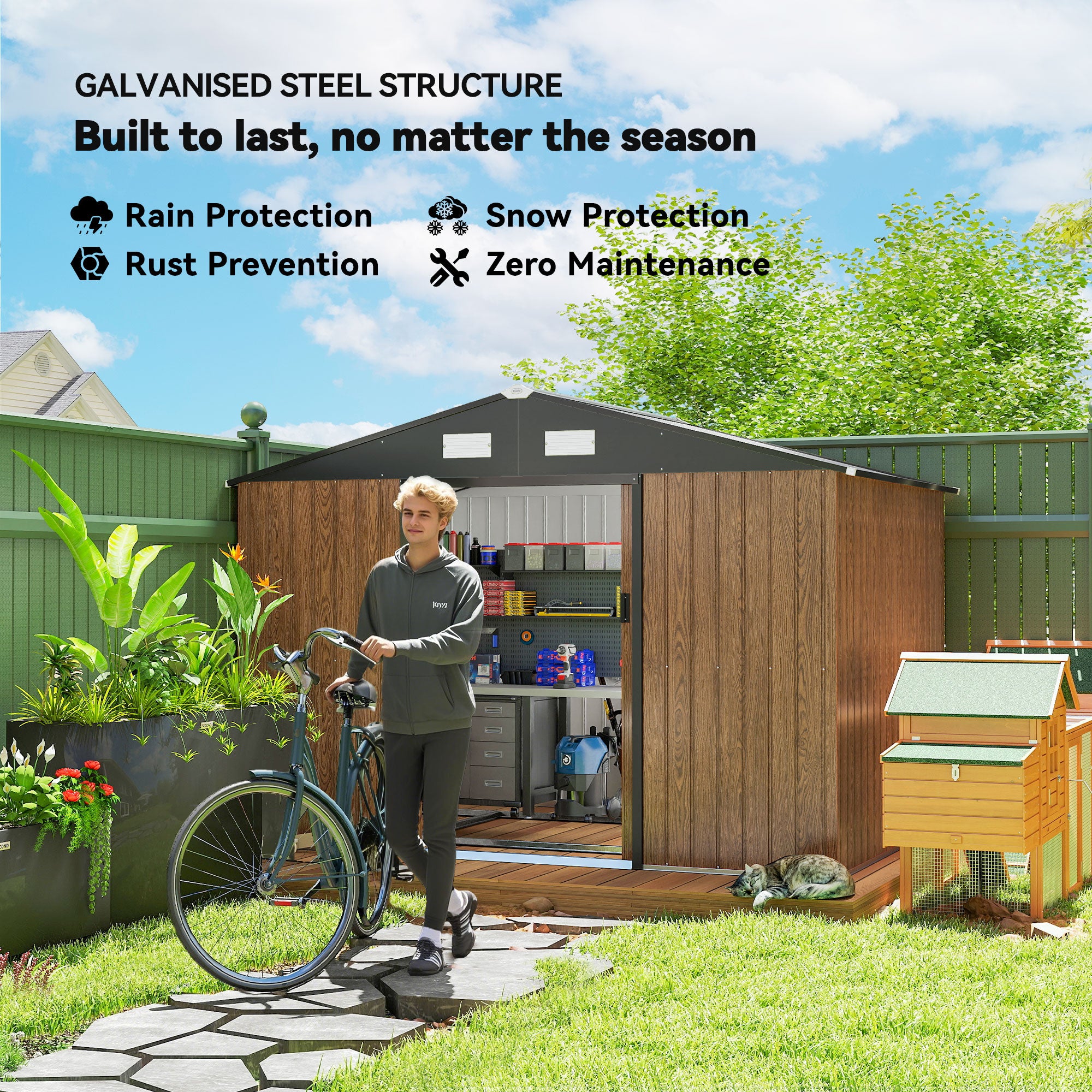 9'x6' Metal Garden Storage Shed with Foundation - Teak-Patio & Garden > Lawn & Garden > Sheds-DECOROLALA
