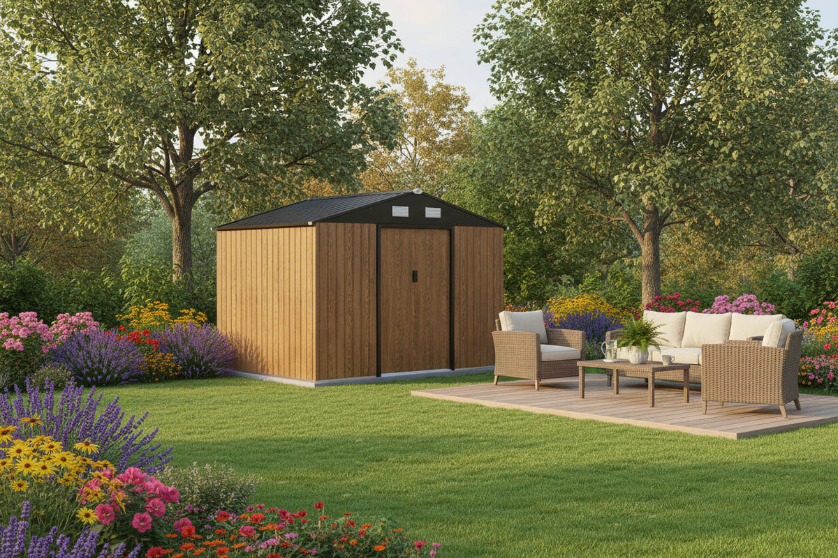 9'x6' Metal Garden Storage Shed with Foundation - Teak-Patio & Garden > Lawn & Garden > Sheds-DECOROLALA