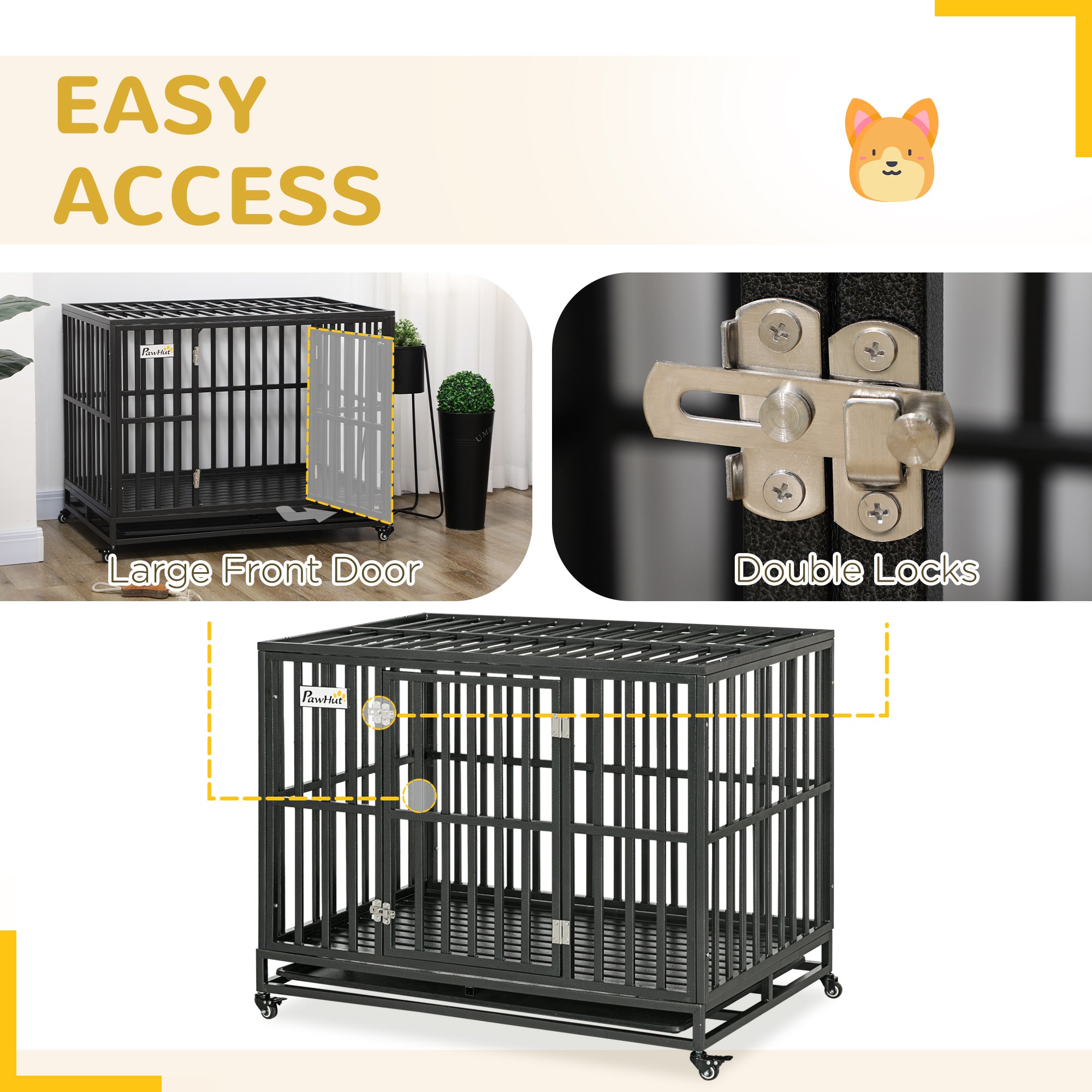 44" Heavy Duty Steel Dog Crate Kennel Pet Cage with Wheels for Convenient Access Anti-Pinching Floor, Black