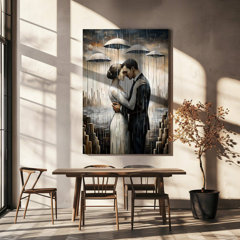 A Kiss Beneath the Floating Umbrellas Wall Art by Miguel Bruzual-canvas-DECOROLALA