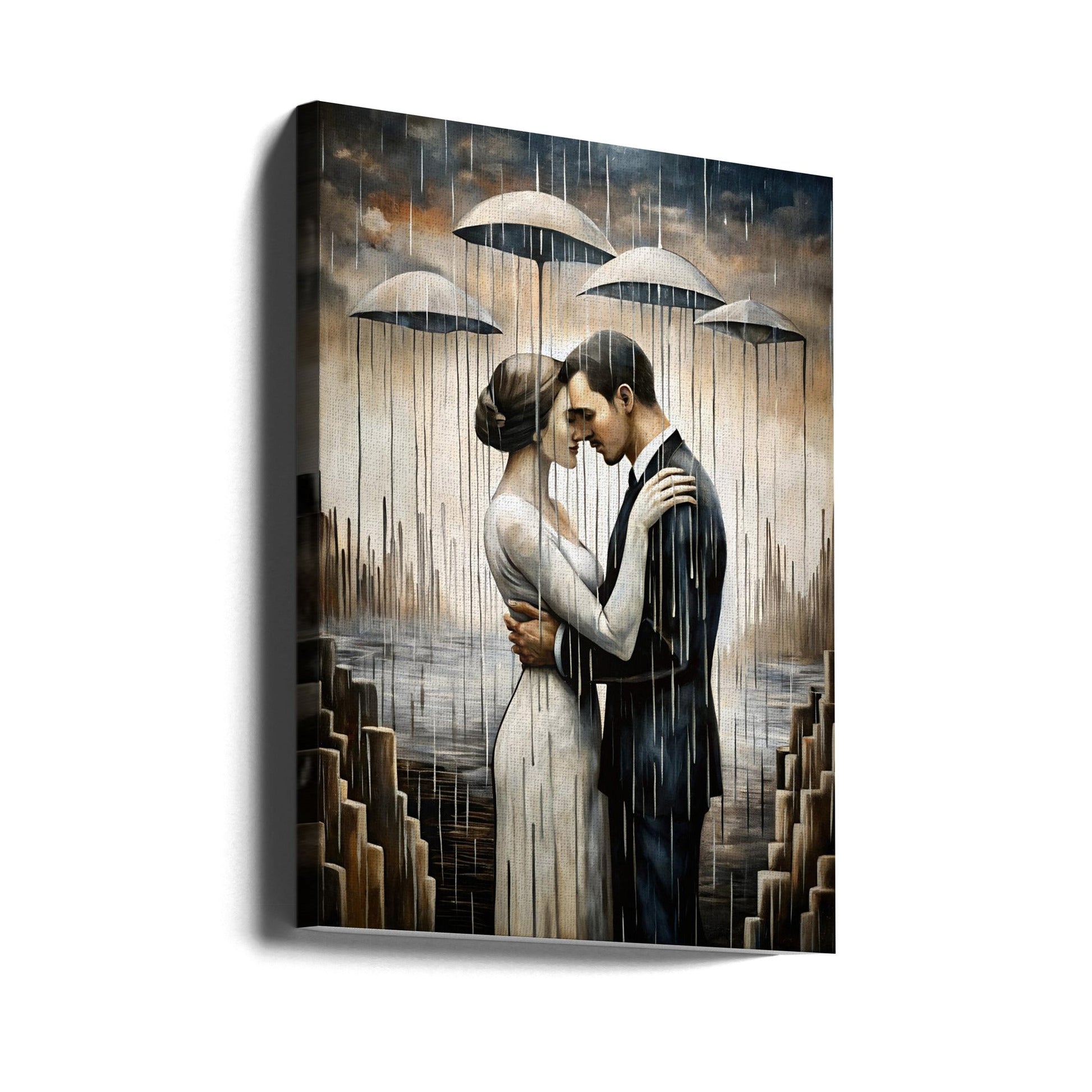 A Kiss Beneath the Floating Umbrellas Wall Art by Miguel Bruzual-canvas-DECOROLALA