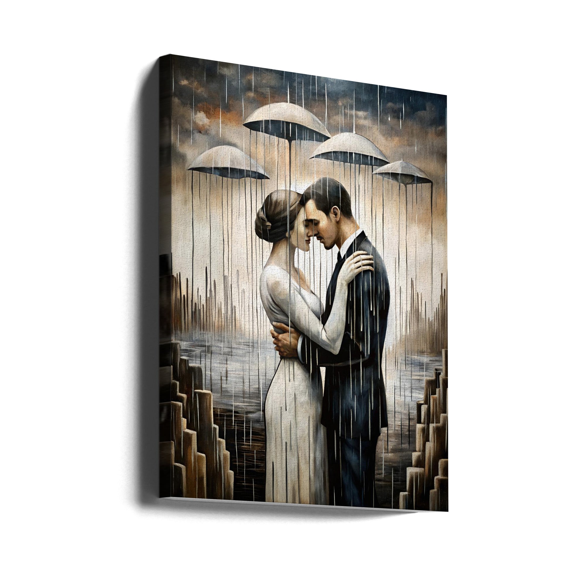A Kiss Beneath the Floating Umbrellas Wall Art by Miguel Bruzual-canvas-DECOROLALA