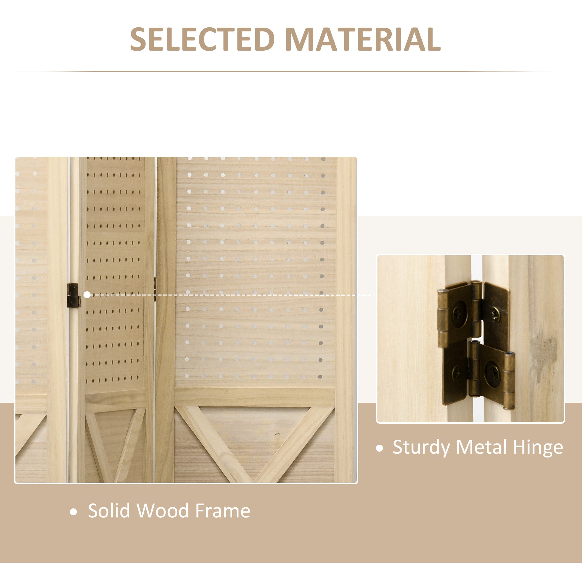 4.7' 4 Panel Wooden Room Divider with Pegboard Display, Folding Privacy Screen for Home Office, Natural