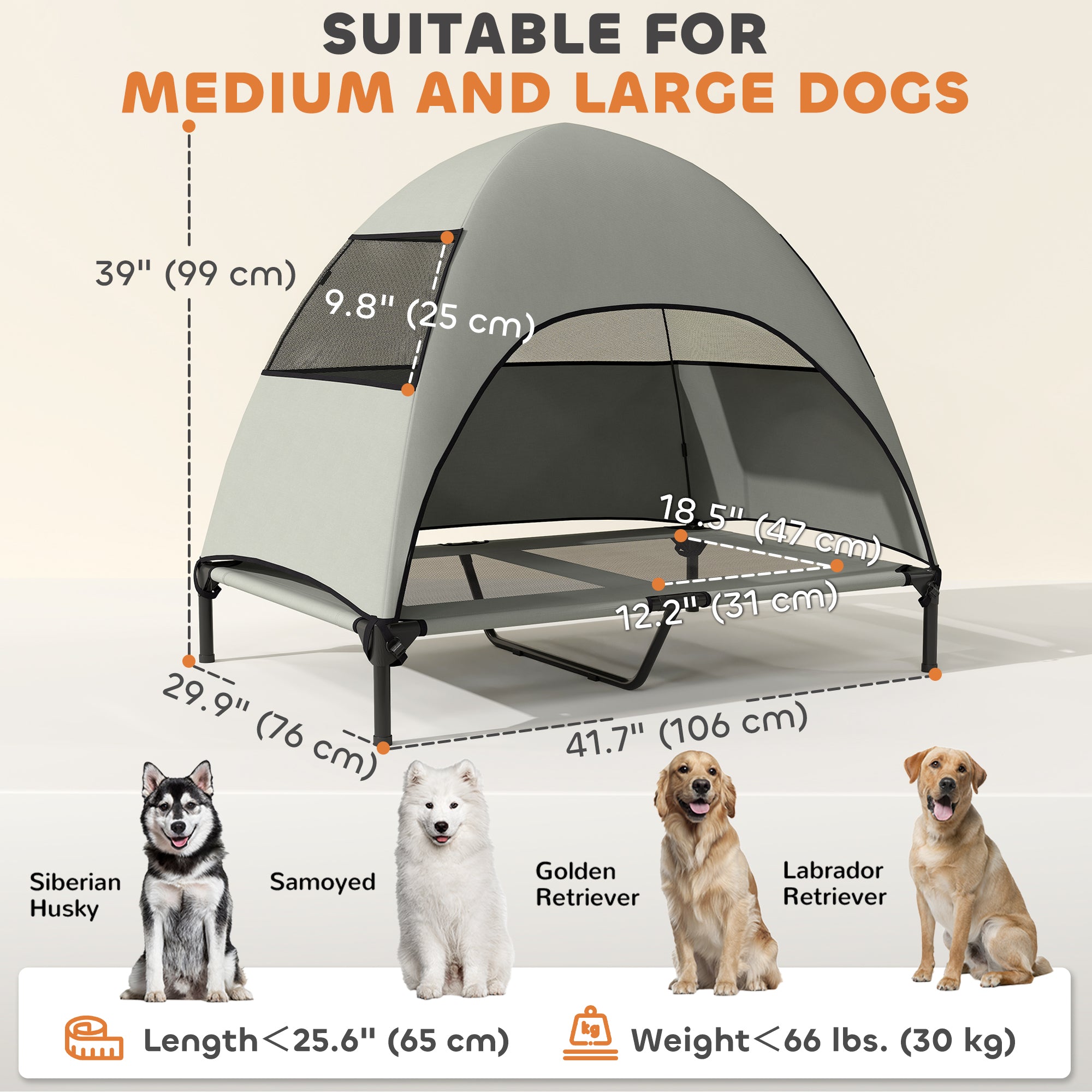Elevated Dog Bed with Canopy Raised Dog Bed  Washable Mesh Steel Frame 41.7" x 29.9" x 39" Light Grey