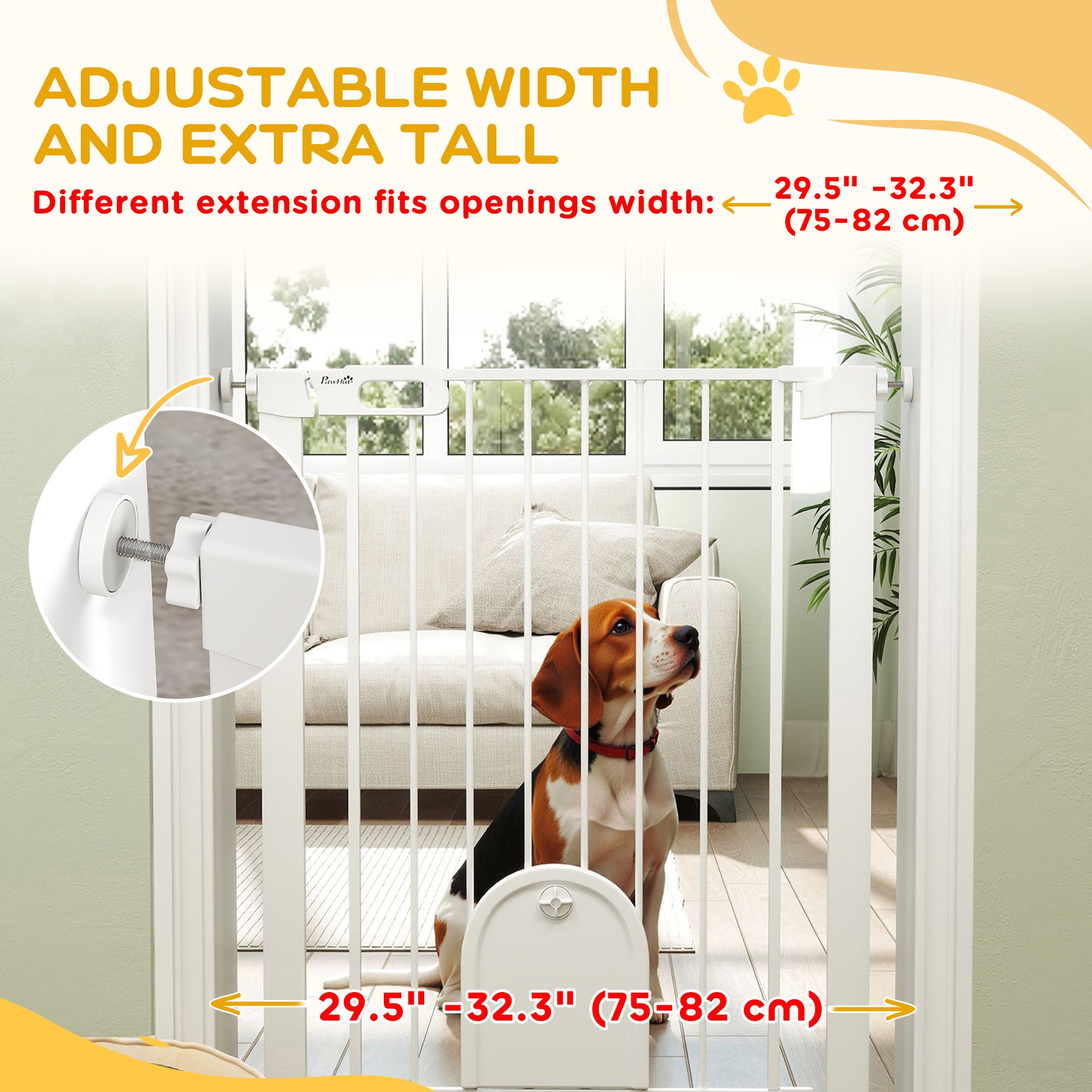 30"-32" Extra Wide Pet Gate Barrier with Small Door, 35"H Dog Gate with Safety Gate Barrier, Stair Pressure Fit, White