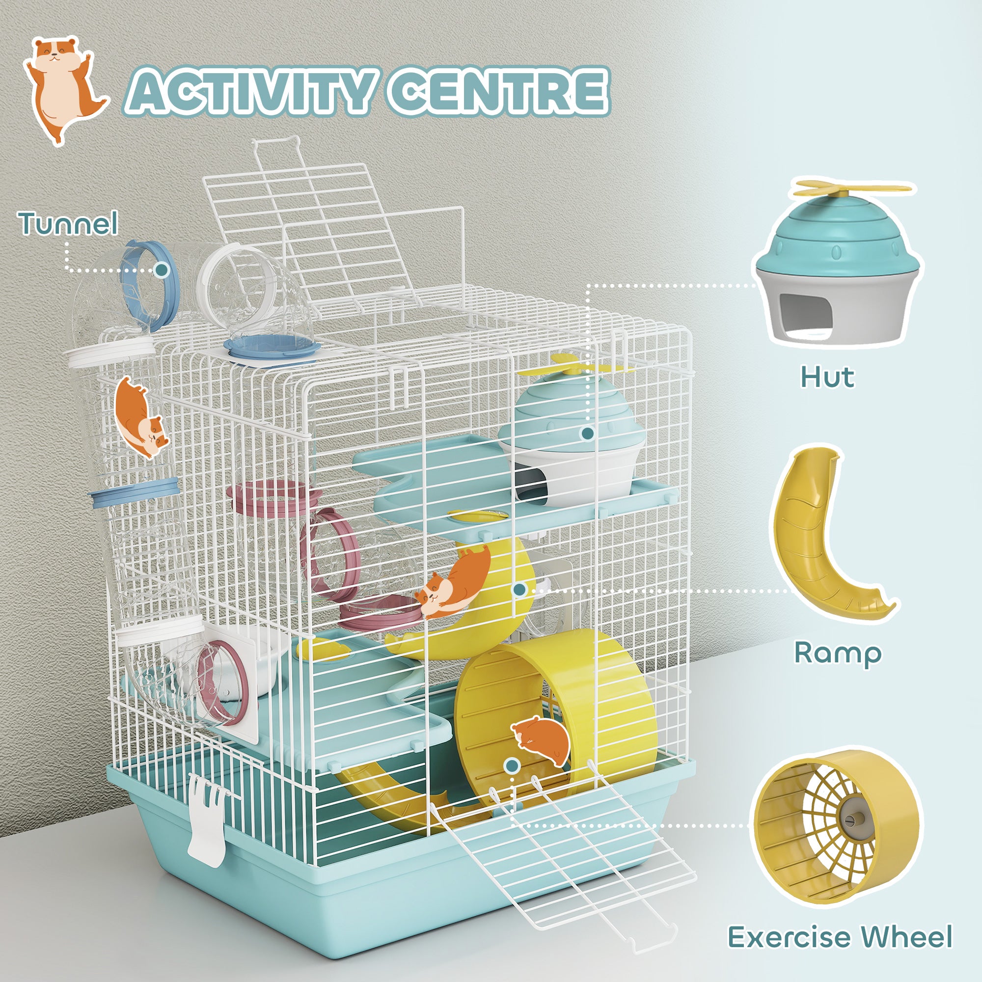 3-Level Hamster Cage with Exercise Wheel, Play Tube, Water Bottle, Food Dish, Hut, Ladder, Blue