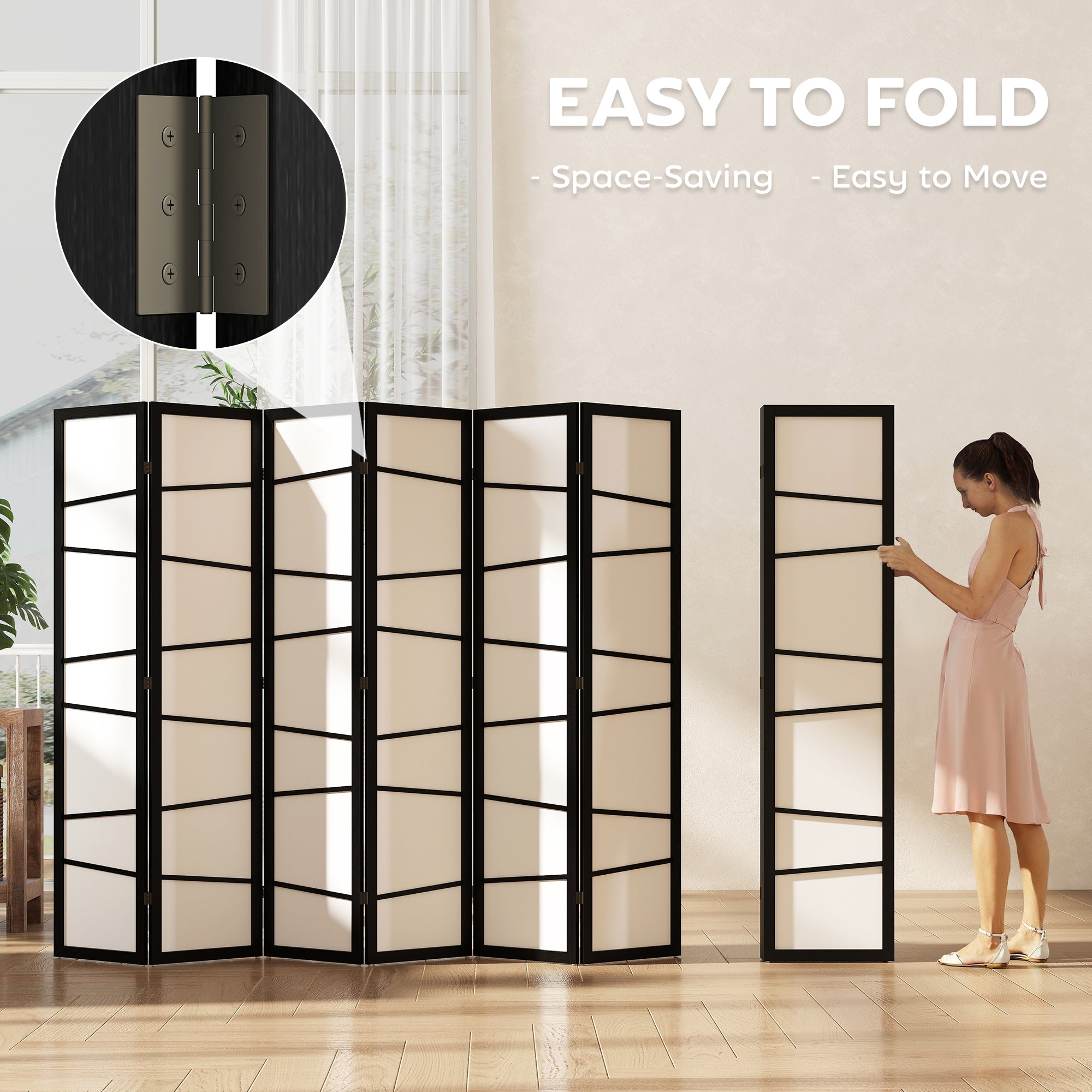 66.9" Folding Room Divider, 6 Panel Wall Partition with Wood Frame for Bedroom, Home Office, White