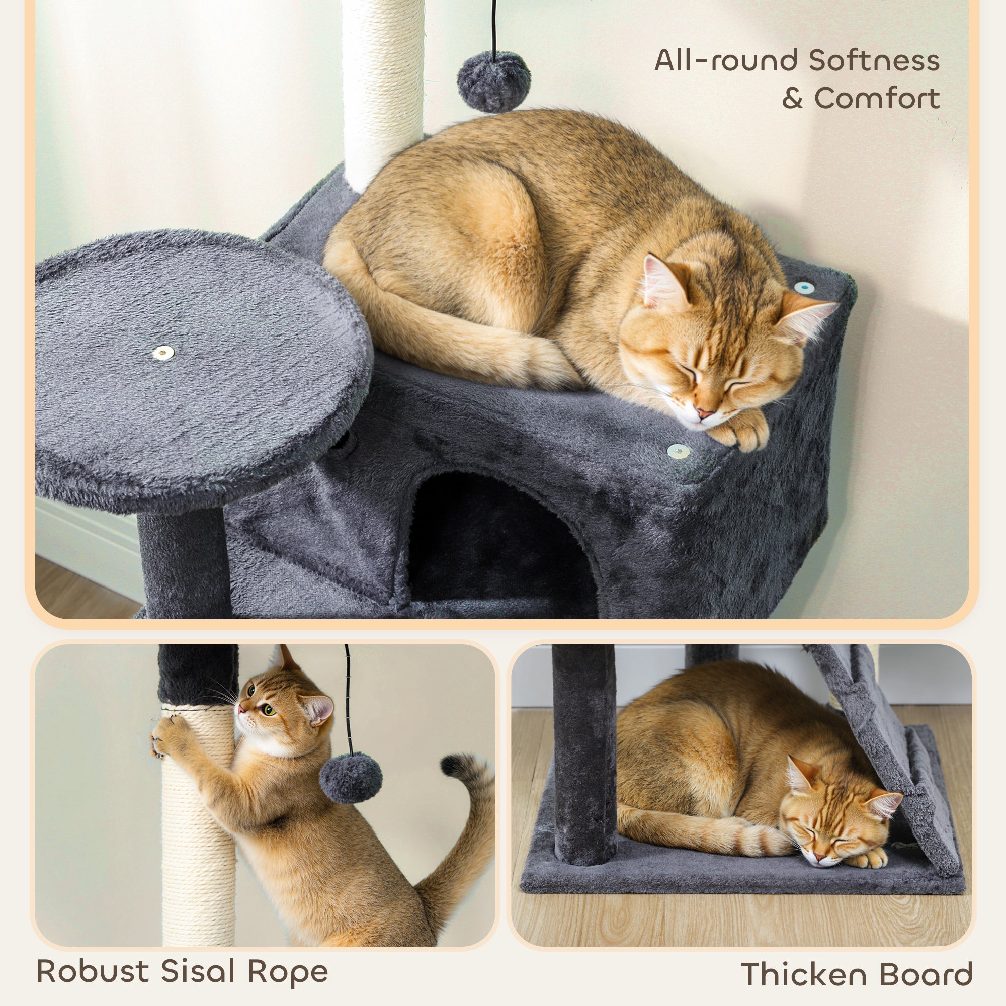 63 Inch Cat Tree with Sisal Scratching Posts, Condos, Plush Perches, Hammock, Ladder, Dangling Balls, Dark Grey
