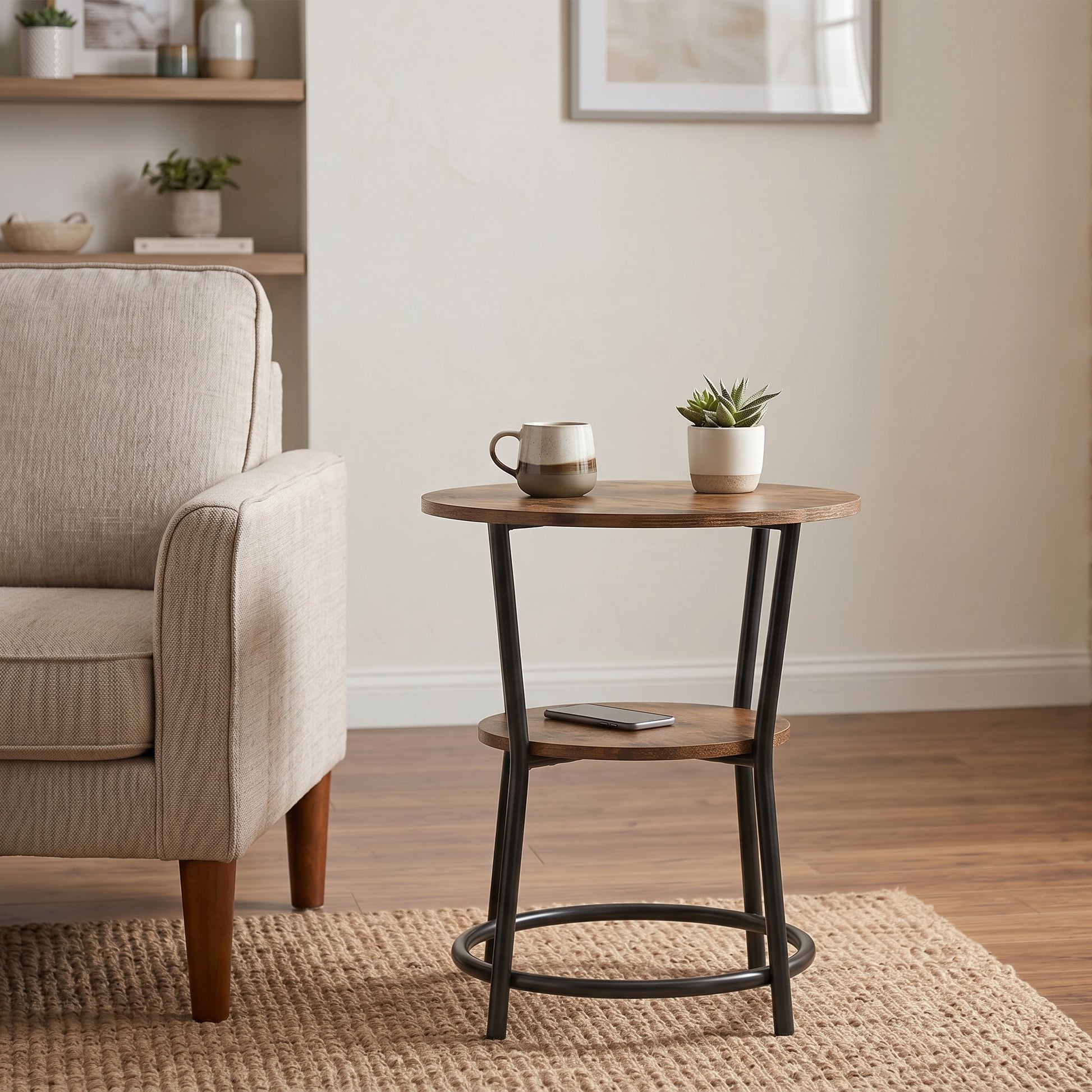 ACCENT TABLE 22" ROUND BROWN RECLAIMED WOOD 2-TIER-Accent Tables-DECOROLALA