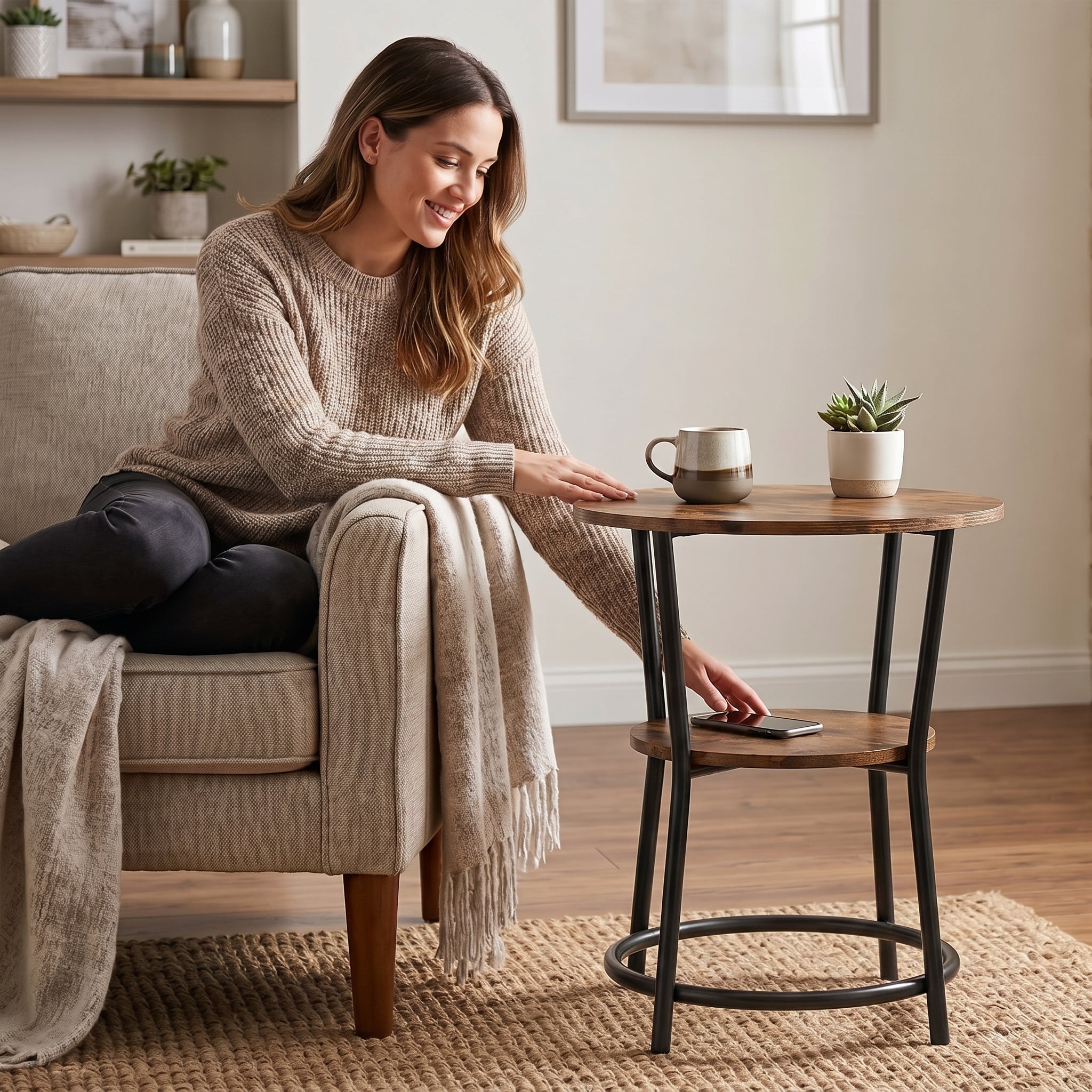 ACCENT TABLE 22" ROUND BROWN RECLAIMED WOOD 2-TIER-Accent Tables-DECOROLALA