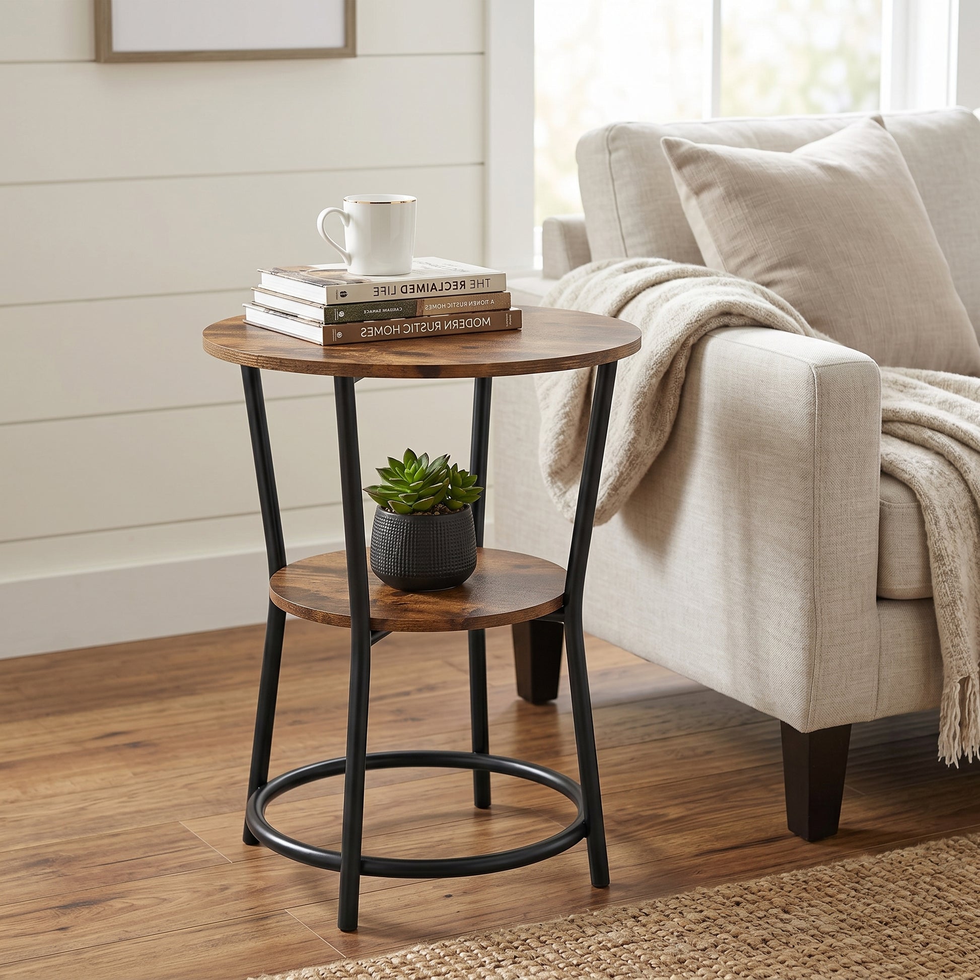 ACCENT TABLE 22" ROUND BROWN RECLAIMED WOOD 2-TIER-Accent Tables-DECOROLALA