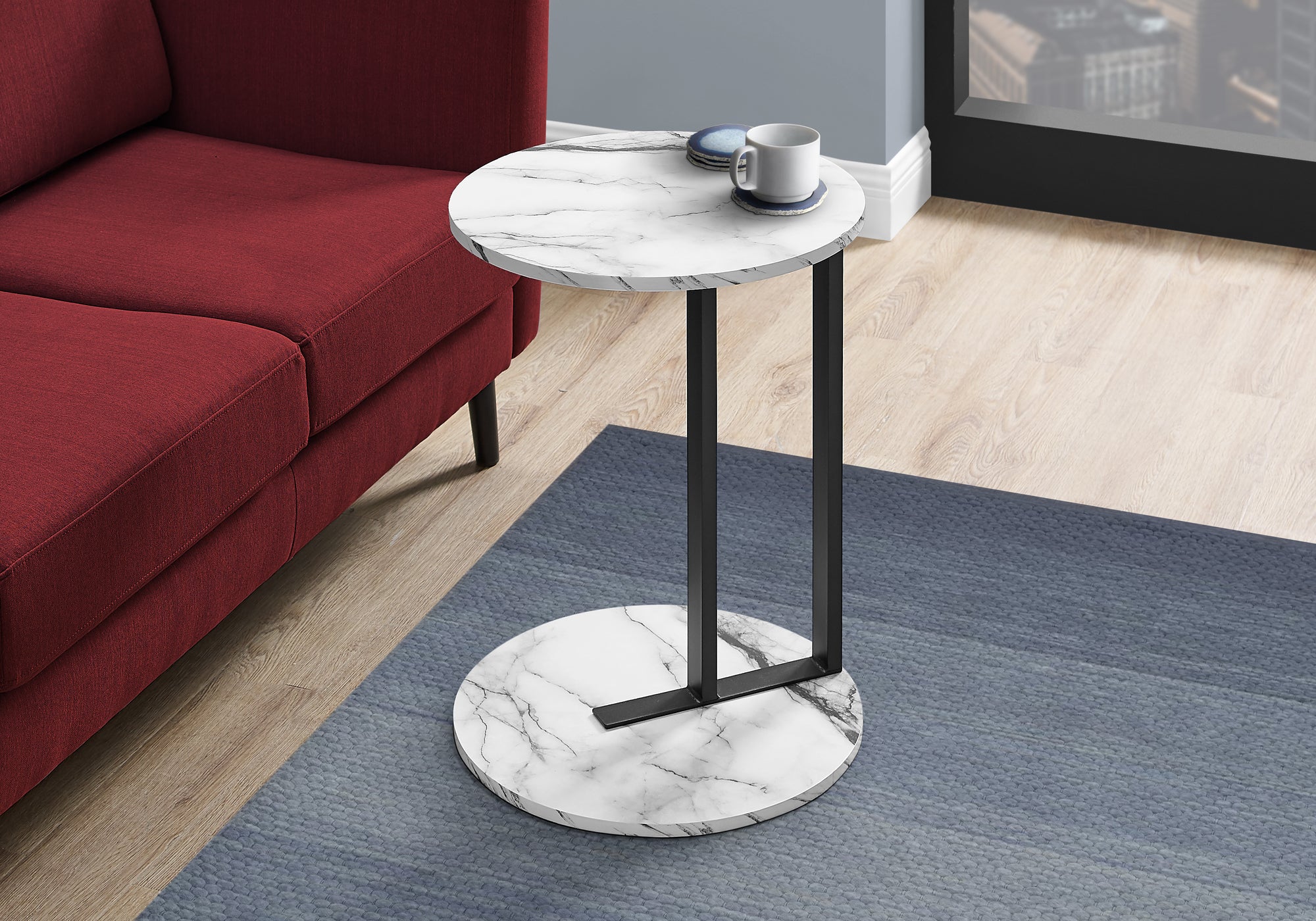 ACCENT TABLE - 24"H / WHITE MARBLE-LOOK / BLACK METAL-Accent Table-DECOROLALA