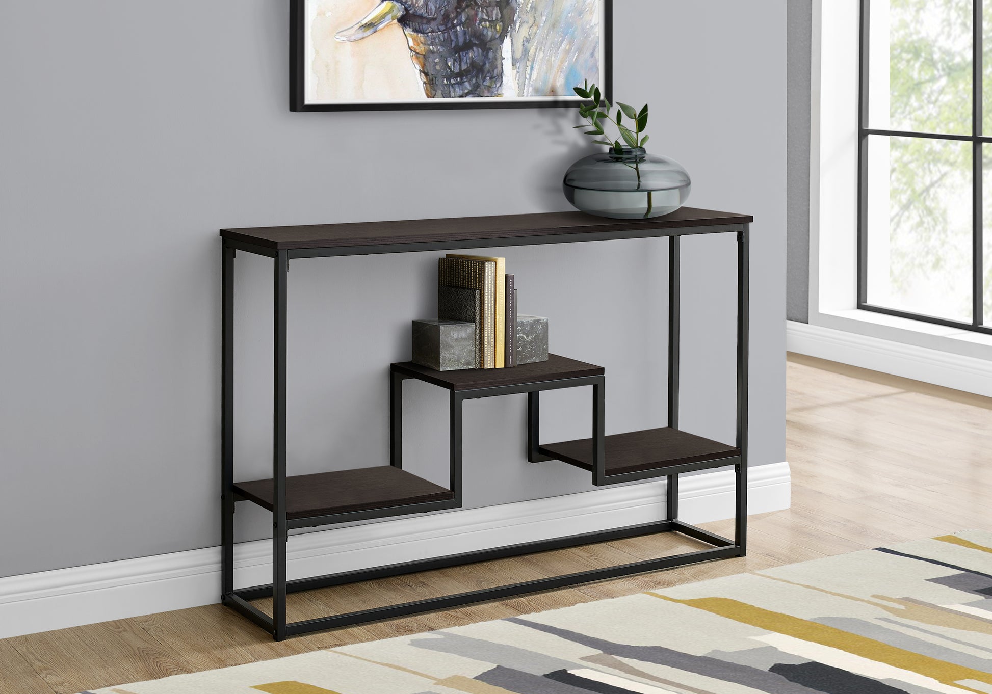 ACCENT TABLE - 48"L / ESPRESSO / BLACK METAL HALL CONSOLE-Accent Table-DECOROLALA