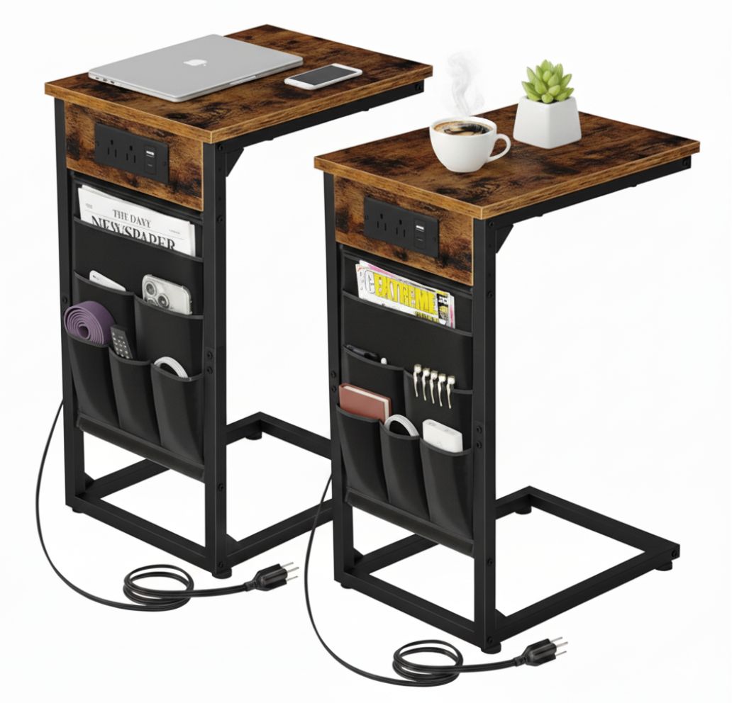 ACCENT TABLE RECLAIMED WOOD BLACK USB SET OF 2-Accent Tables-DECOROLALA