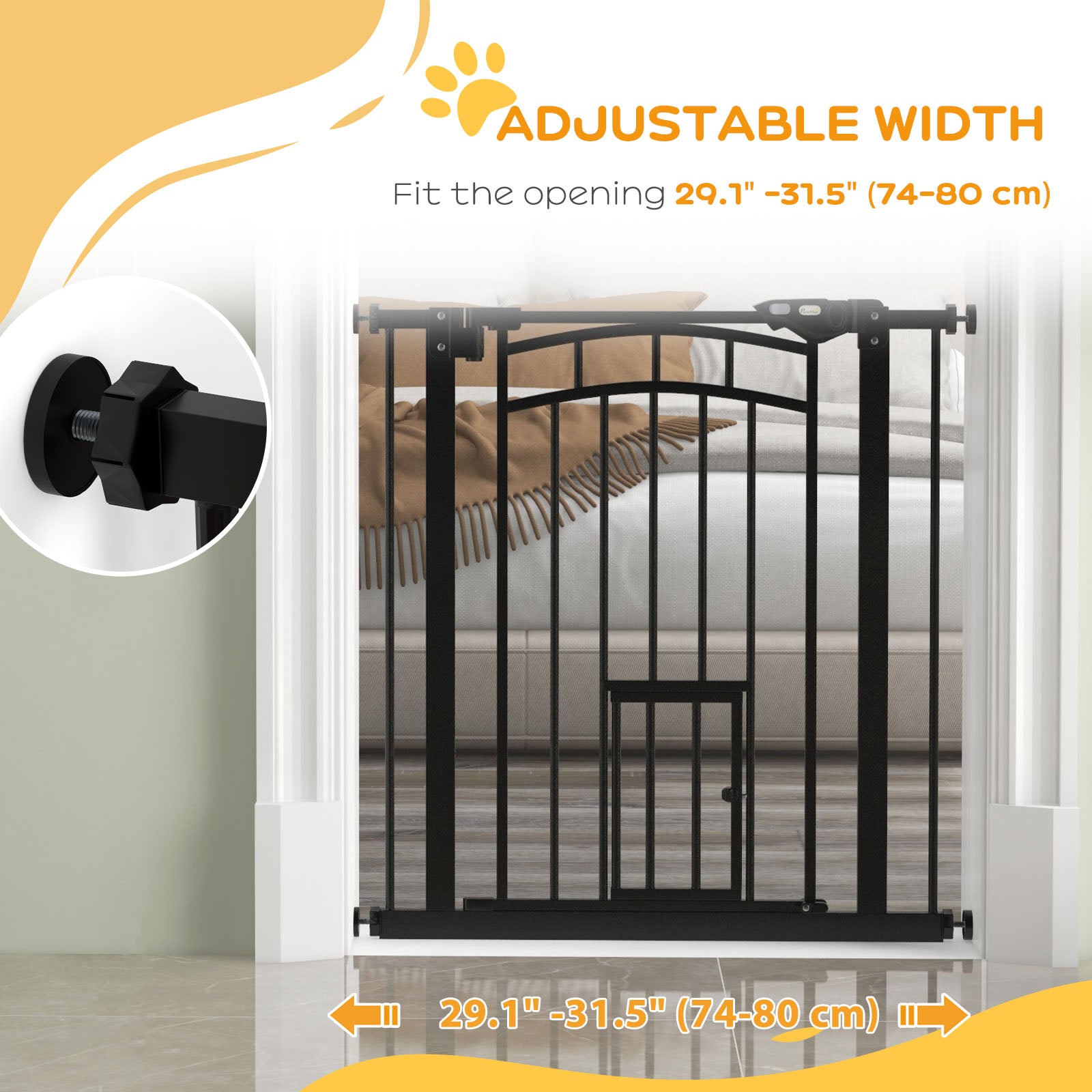 Auto-Close Pet Gate, Stair Gate with Cat Door, Double Locking for Doorways Hallways Stairs, Fits 29"-31.5" Wide, Black