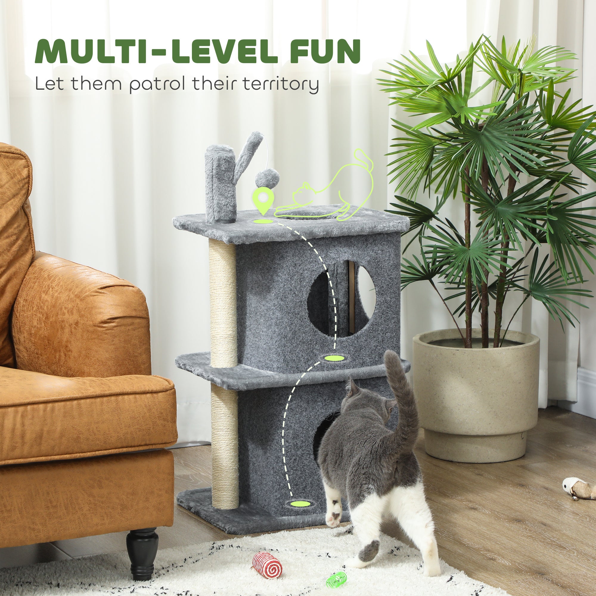 31.5" Cat Tree, Multi-Level Cat Tower with 2 Condos and Soft Plush Perches for 1-2 Cats, Grey
