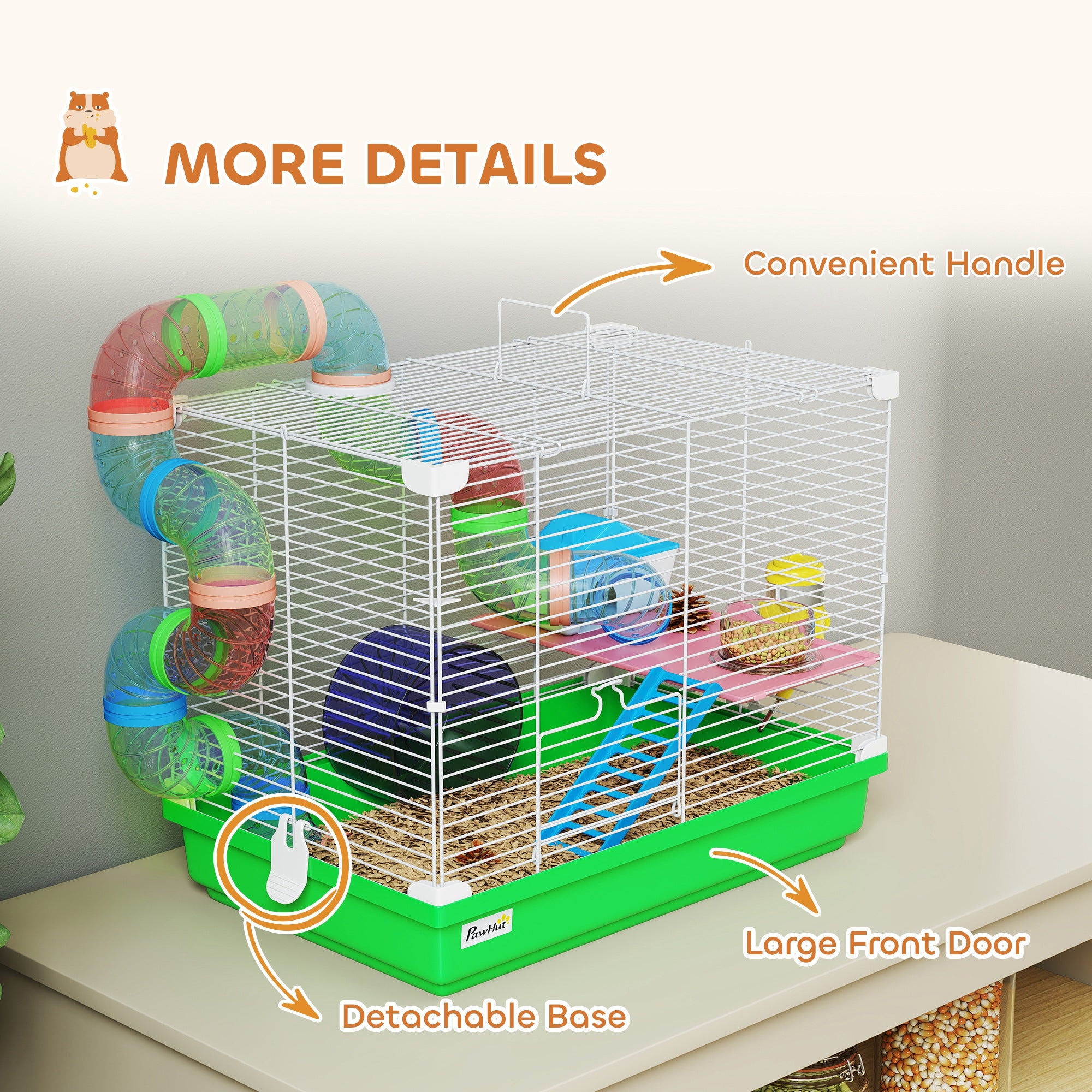 18"L Hamster Cage, Small Animal House, 2-Level Rat Gerbil Haven with Tunnel Tube System, Green