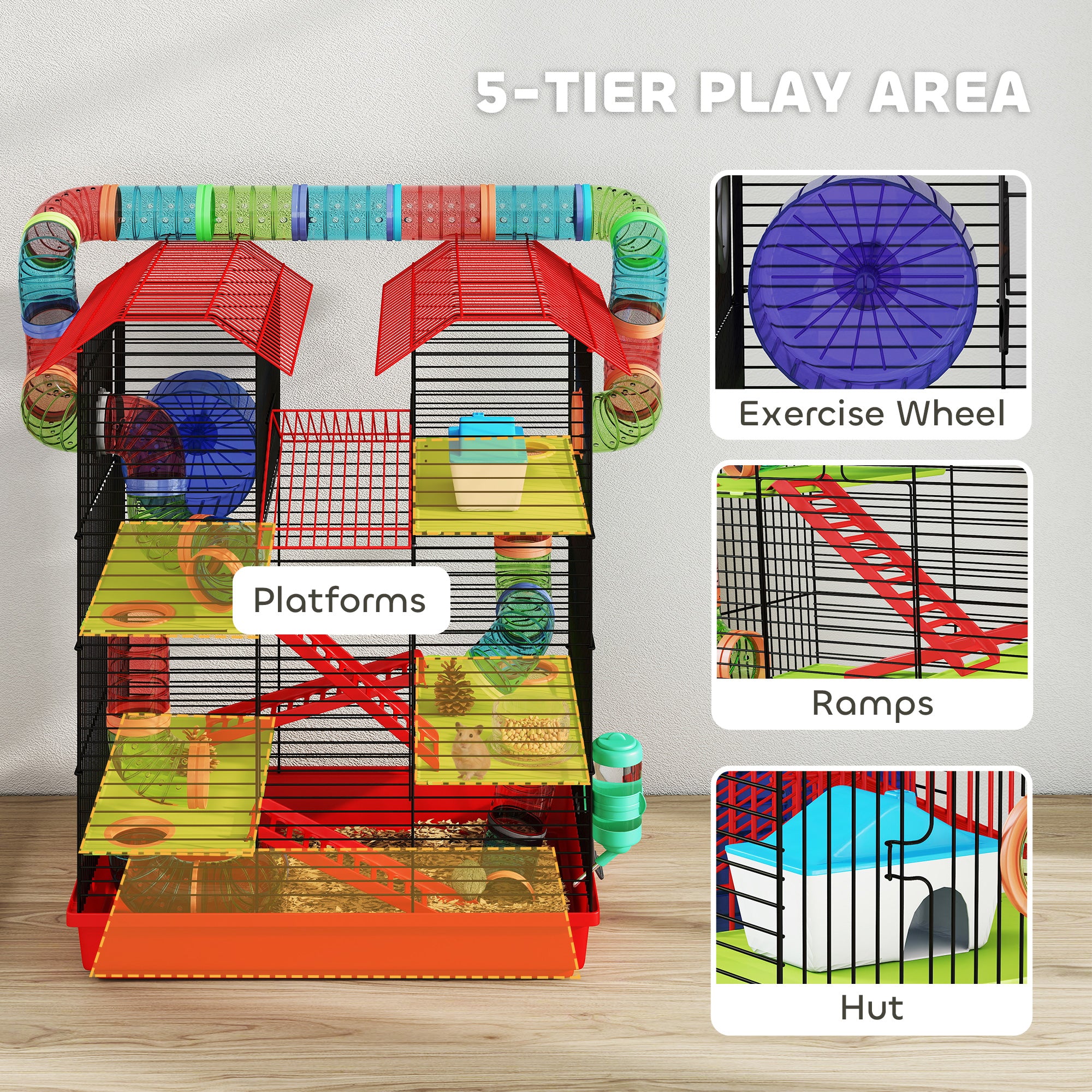 18.5" Hamster Cage, 5 Tiers Small Animal House with Tunnel Tube System, Exercise Wheel, Water Bottle, Red