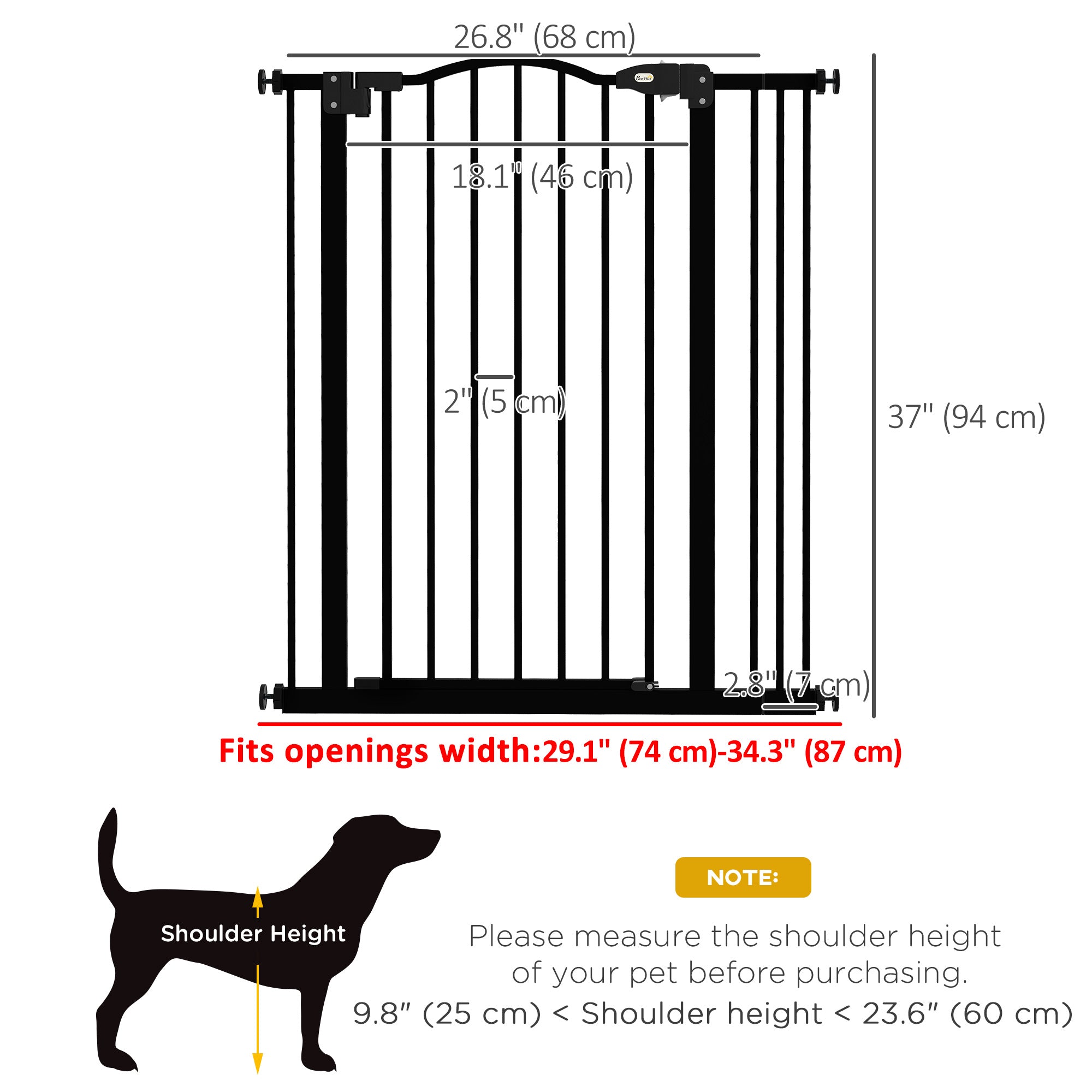 Extra Tall Dog Gate with Door, Pressure Fit, Auto Close, Double Locking for Doorways Hallways Stairs, 29"-34", Black