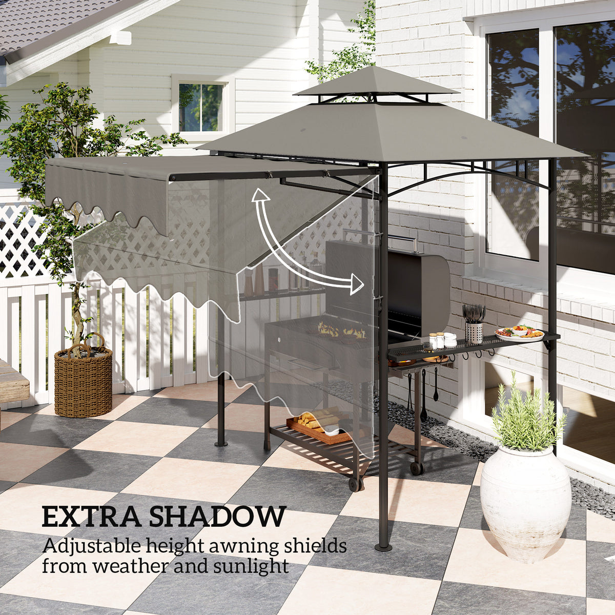 8' x 7.6' Grill Gazebo with Side Awning - Light Grey