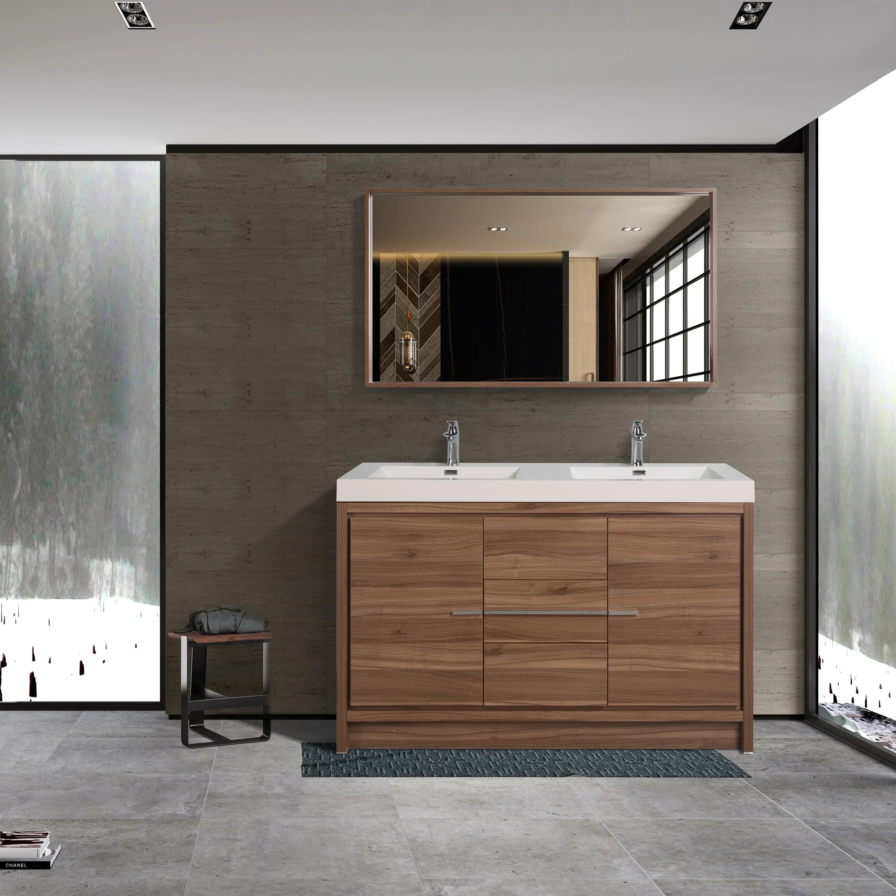 48" Walnut Freestanding Double Sink Bathroom Vanity with White Polymarble Countertop