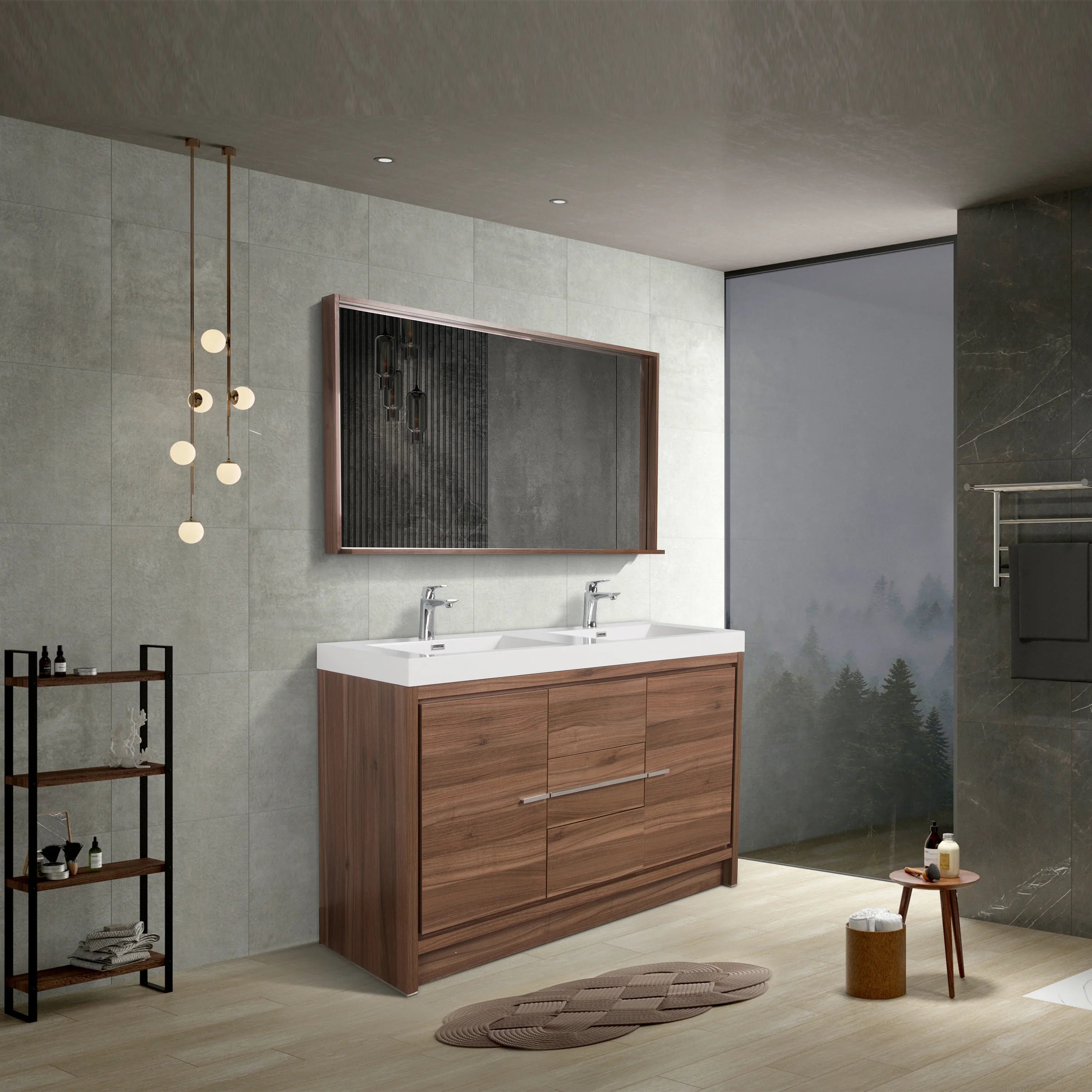 48" Walnut Freestanding Double Sink Bathroom Vanity with White Polymarble Countertop