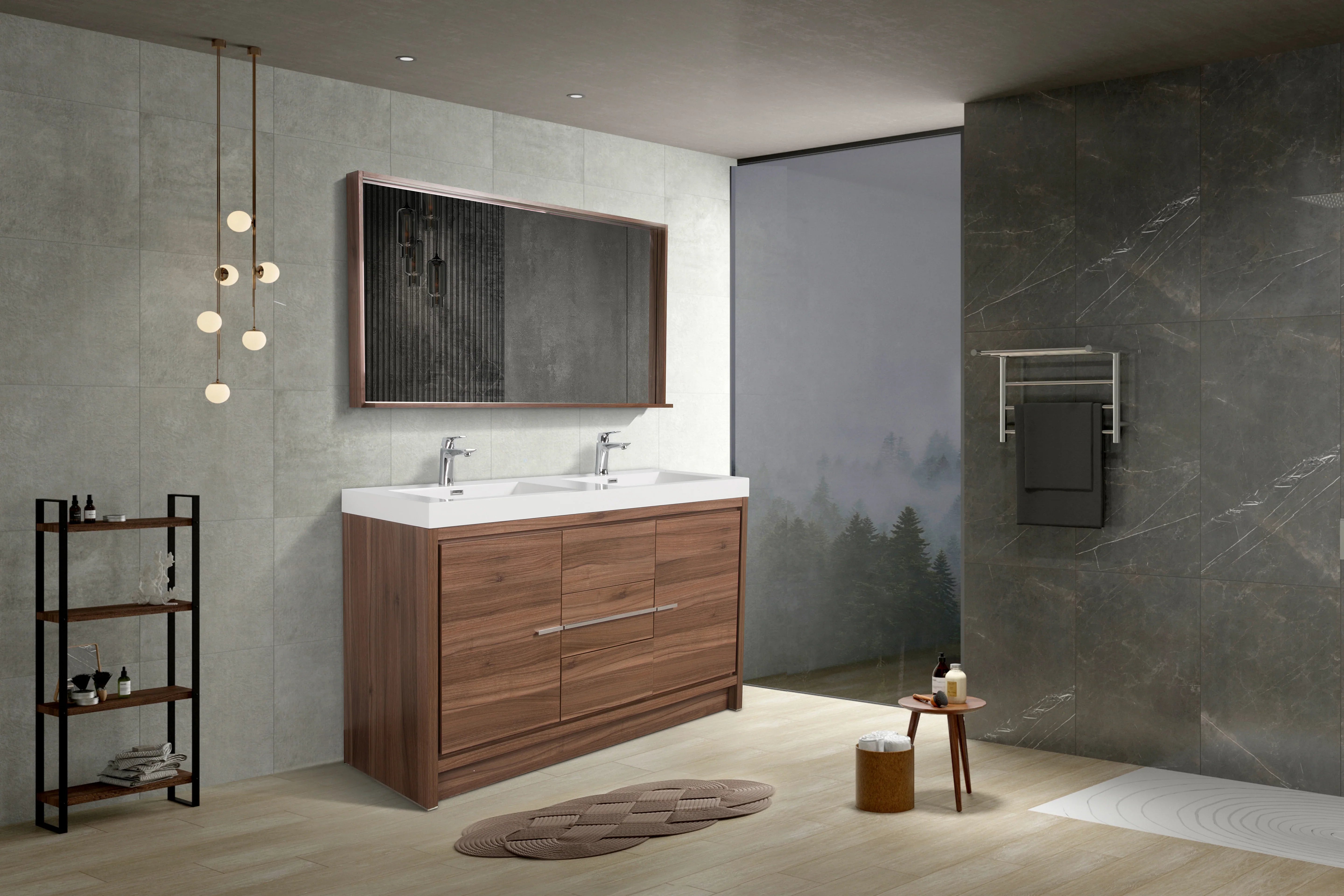 48" Walnut Freestanding Double Sink Bathroom Vanity with White Polymarble Countertop