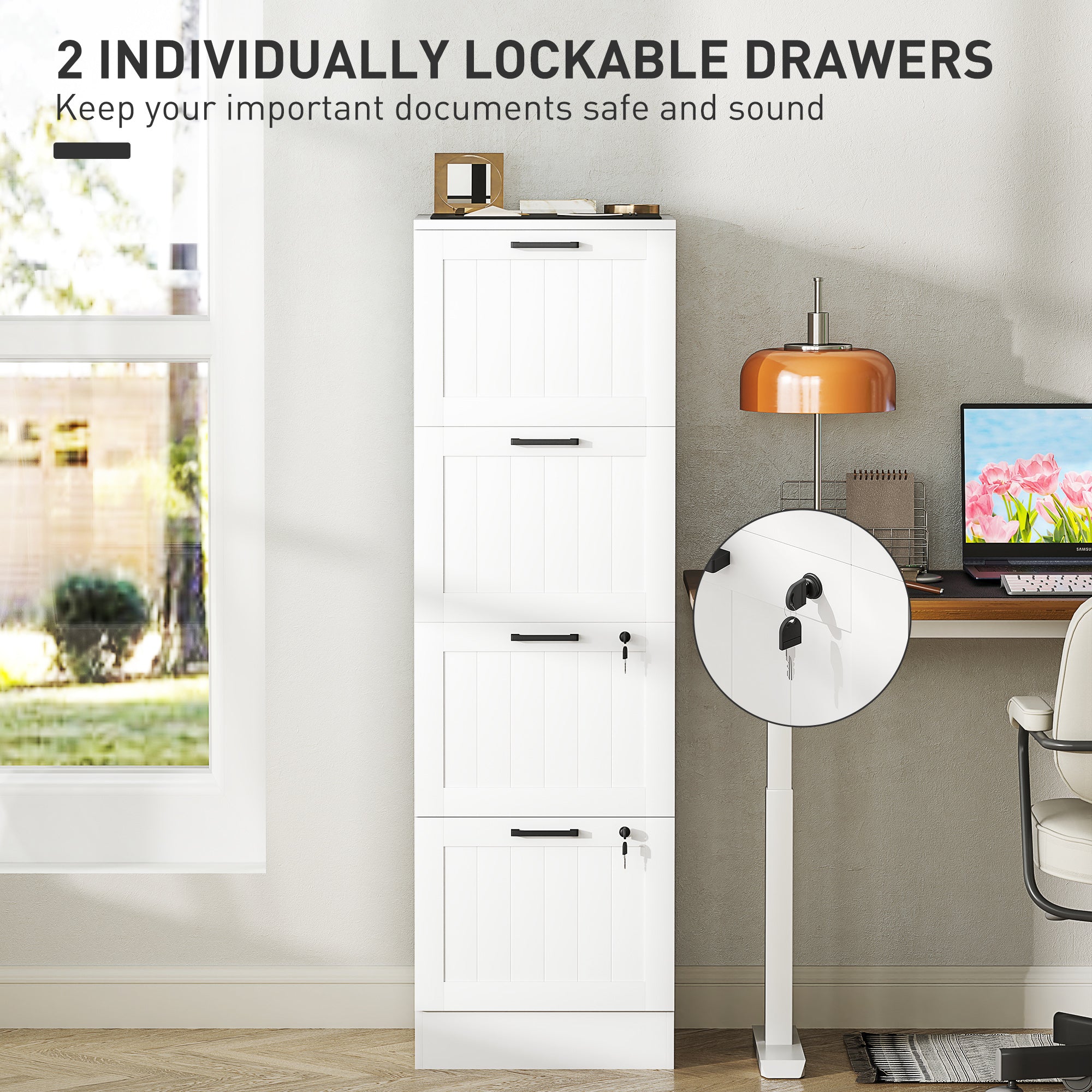 4-Drawer Locking Filing Cabinet - White MDF Office Storage