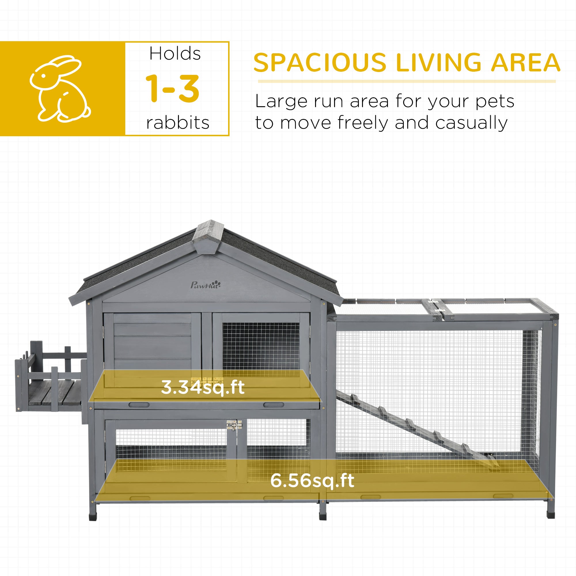 65" Wooden Rabbit Hutch, Pet Playpen with Openable Roof, Storage Box, for Rabbits and Small Animals, Dark Grey
