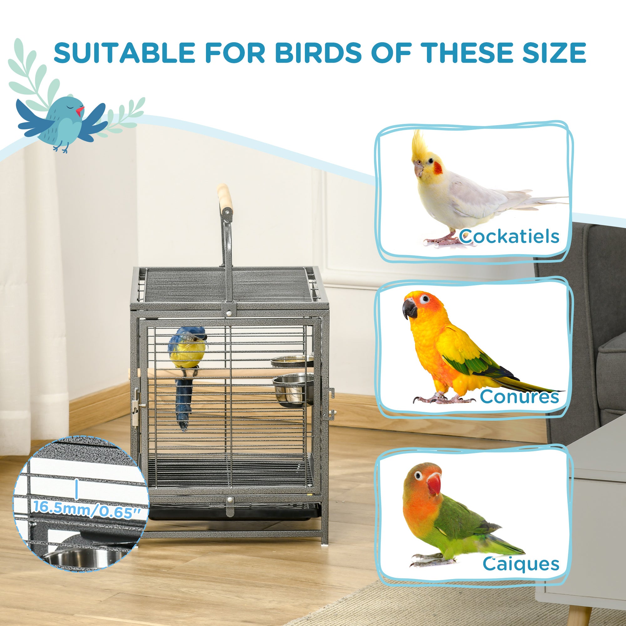 Bird Travel Carrier Cage, Portable Metal Bird Cage for Parrots Conures Cockatiel Parakeets with Stand Perch, Stainless Steel Bowls, Pull Out Tray, 19" x 15" x 26", Black