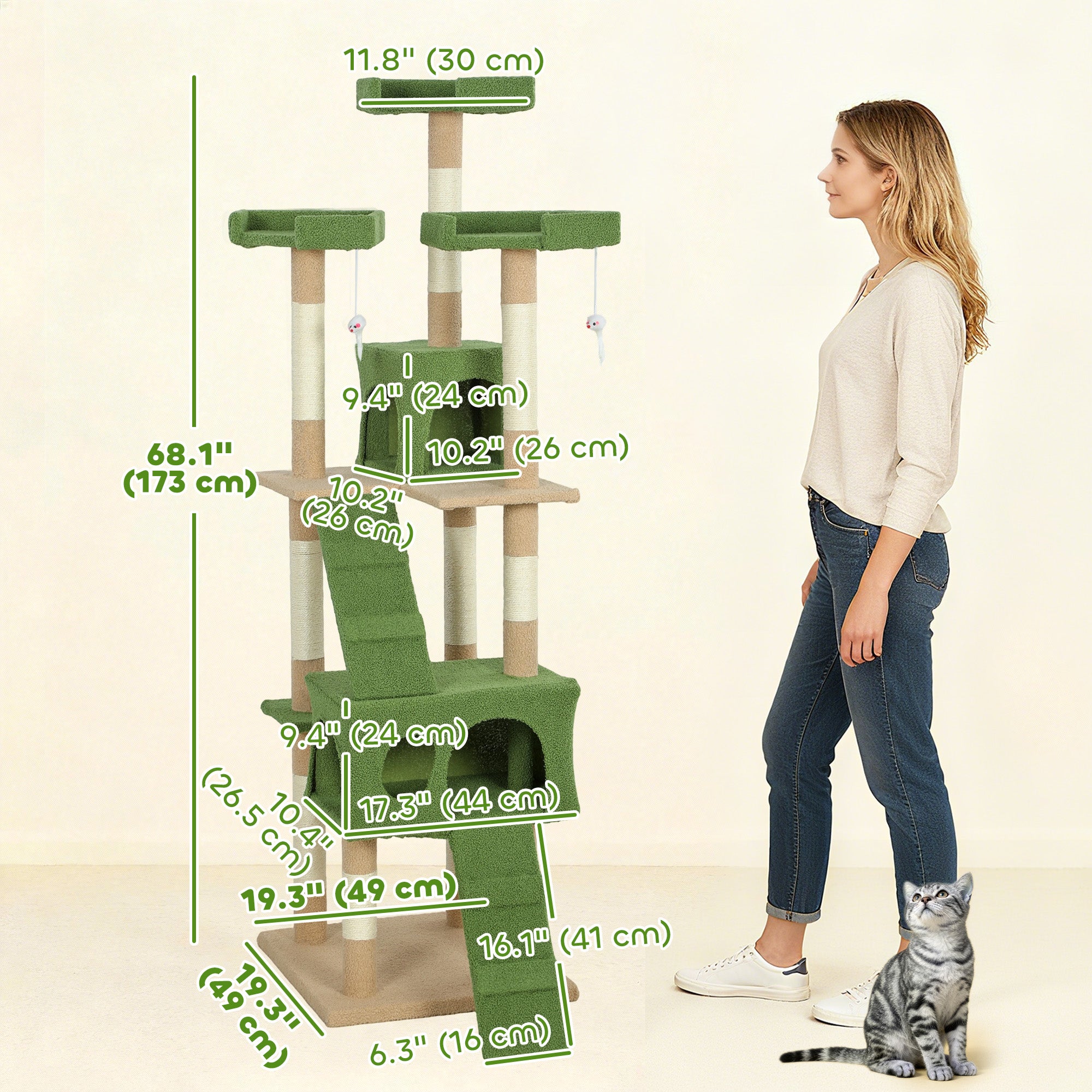 68-inch Multi-Level Cat Scratching Tree Kitty Activity Center Post Tower Condo Pet Furniture w/ Toy Green