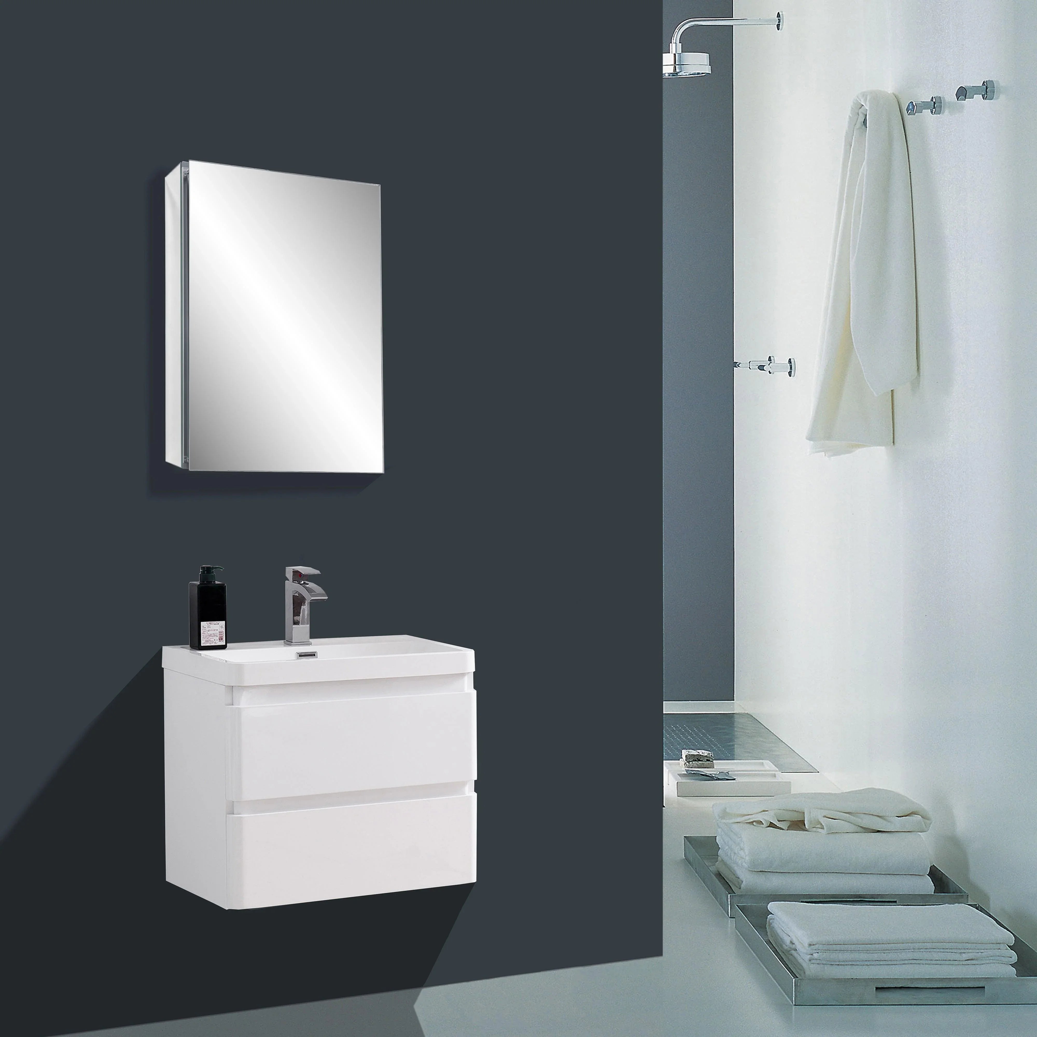 24" Matte White Wall Mount Bathroom Vanity with White Polymarble Countertop