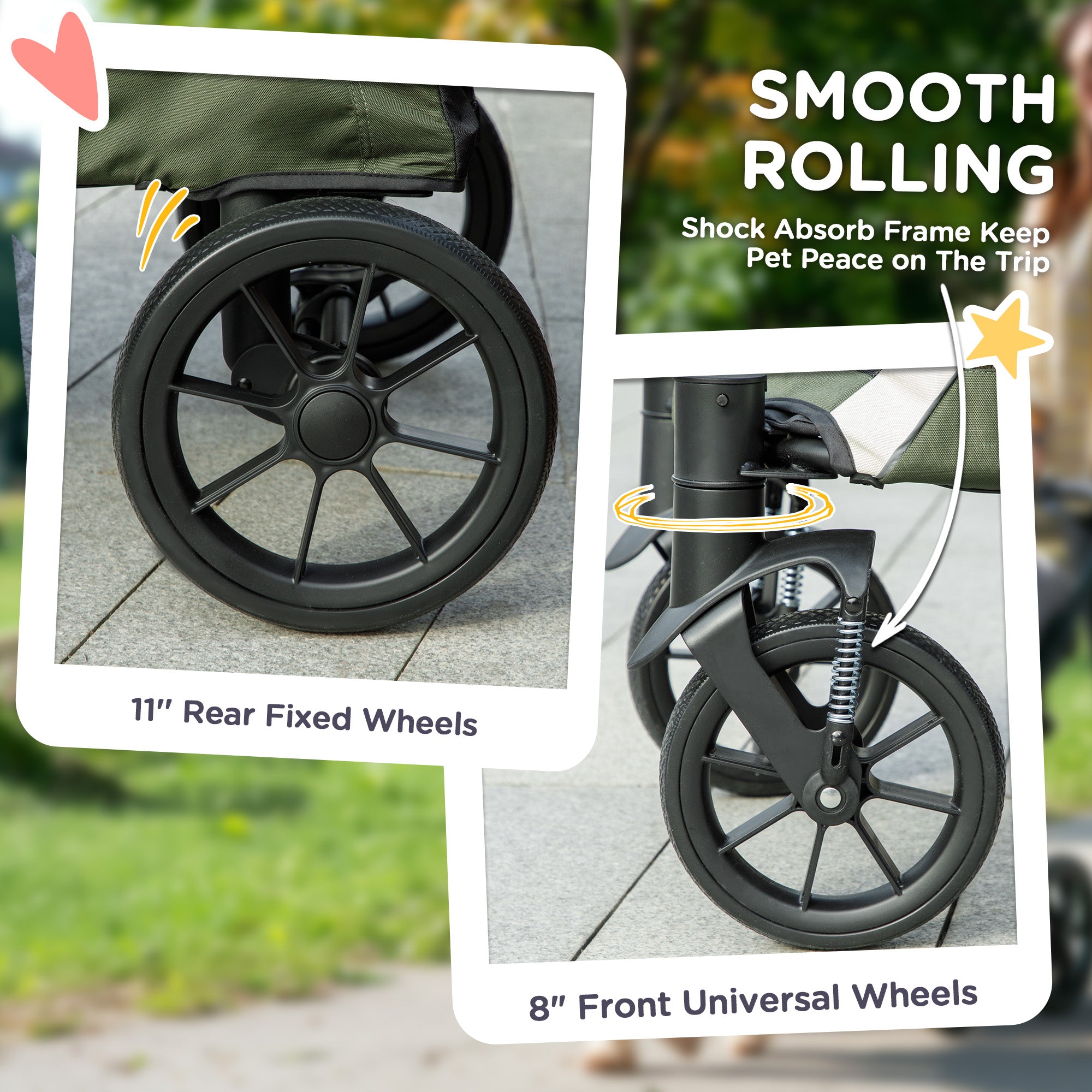 Foldable Pet Stroller for Medium Dogs with Four Big Wheels, Shock-Absorbing Frame, Safety Leashes, Brakes, Dark Green